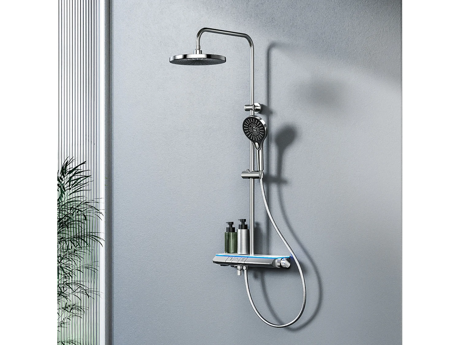 EMKE Système de Douche avec Thermostat, Chrome, Éclairage LED, Ensemble Douche à Effet Pluie avec 3 Modes de Jet, avec Bec de Sortie Inférieur