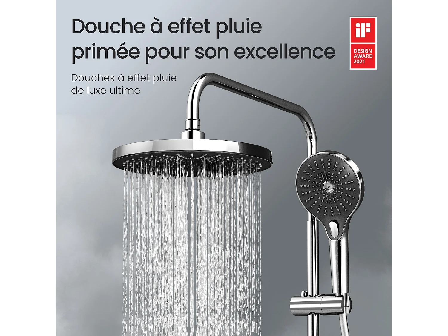 EMKE Système de Douche avec Thermostat, Chrome, Éclairage LED, Ensemble Douche à Effet Pluie avec 3 Modes de Jet, avec Bec de Sortie Inférieur