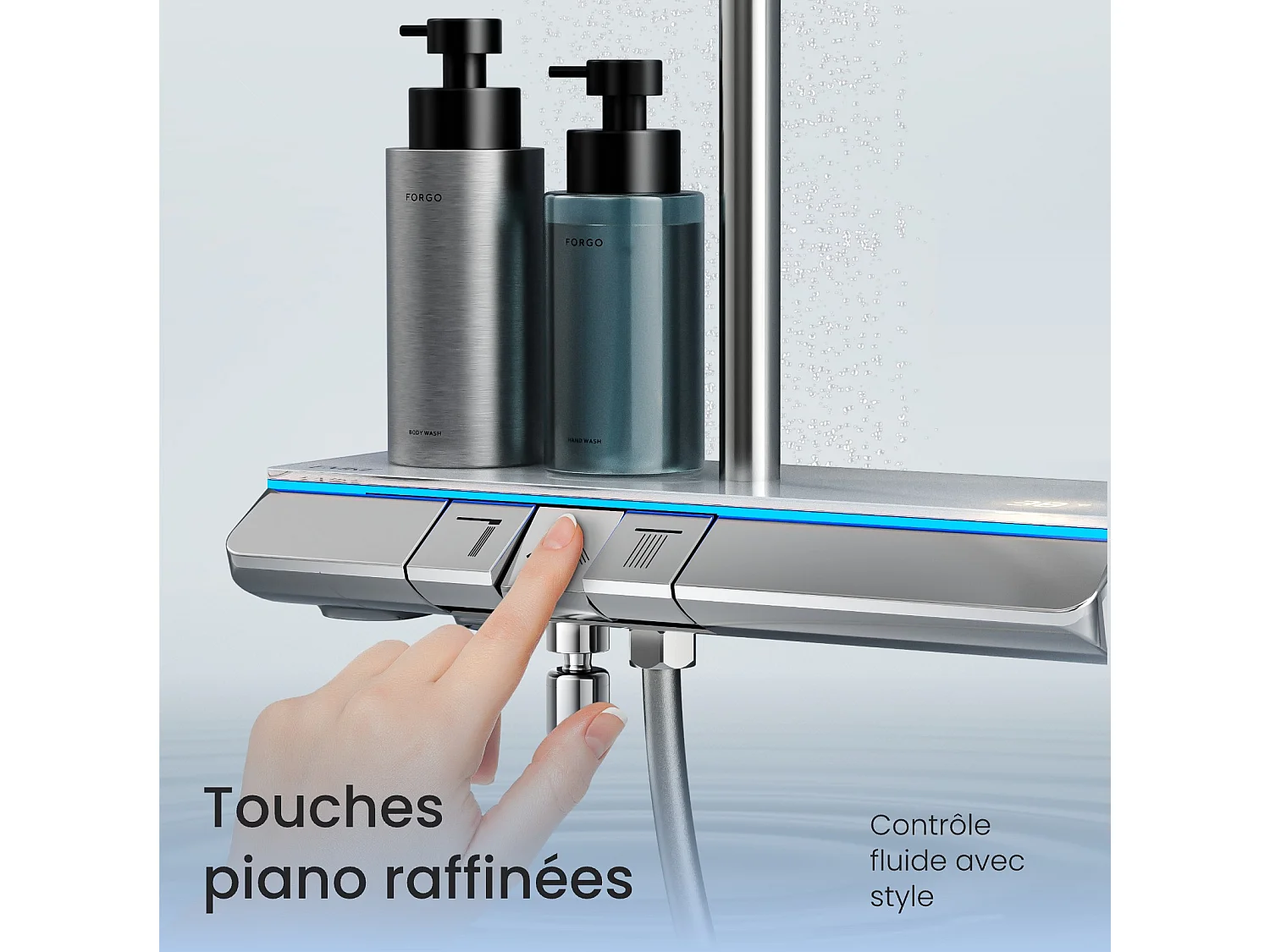 EMKE Système de Douche avec Thermostat, Chrome, Éclairage LED, Ensemble Douche à Effet Pluie avec 3 Modes de Jet, avec Bec de Sortie Inférieur