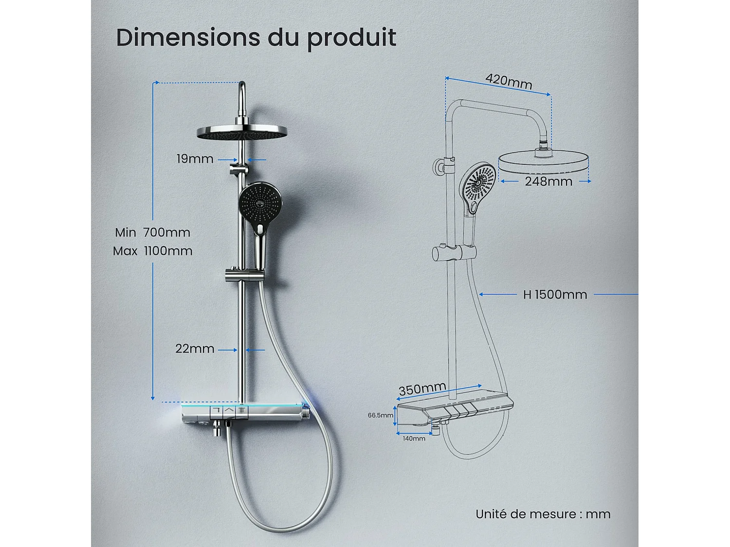 EMKE Système de Douche avec Thermostat, Chrome, Éclairage LED, Ensemble Douche à Effet Pluie avec 3 Modes de Jet, avec Bec de Sortie Inférieur