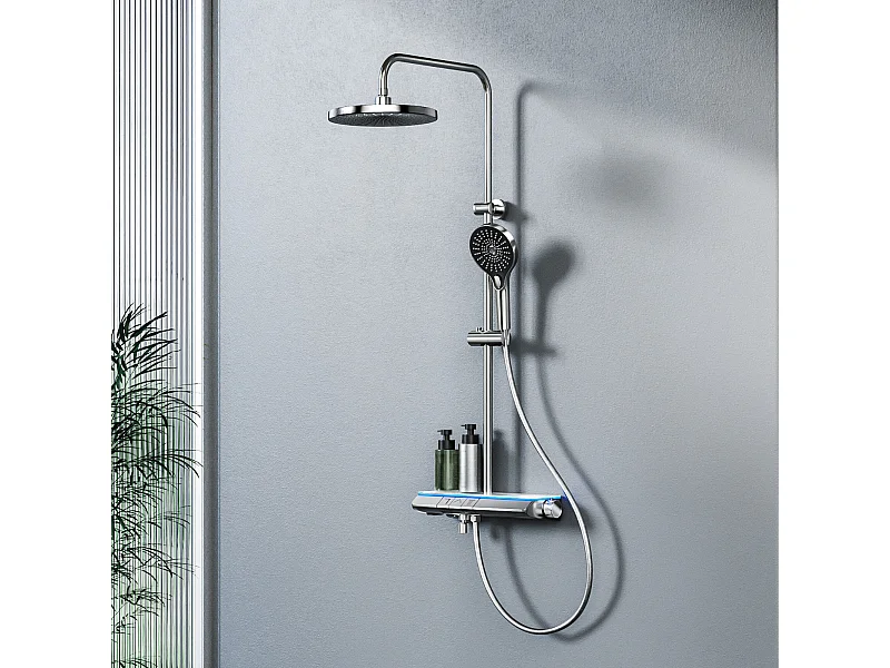 EMKE Duschsystem mit Thermostat, Chrom, LED-Beleuchtung, Regendusch-Effekt mit 3 Strahlarten, mit unterem Auslauf