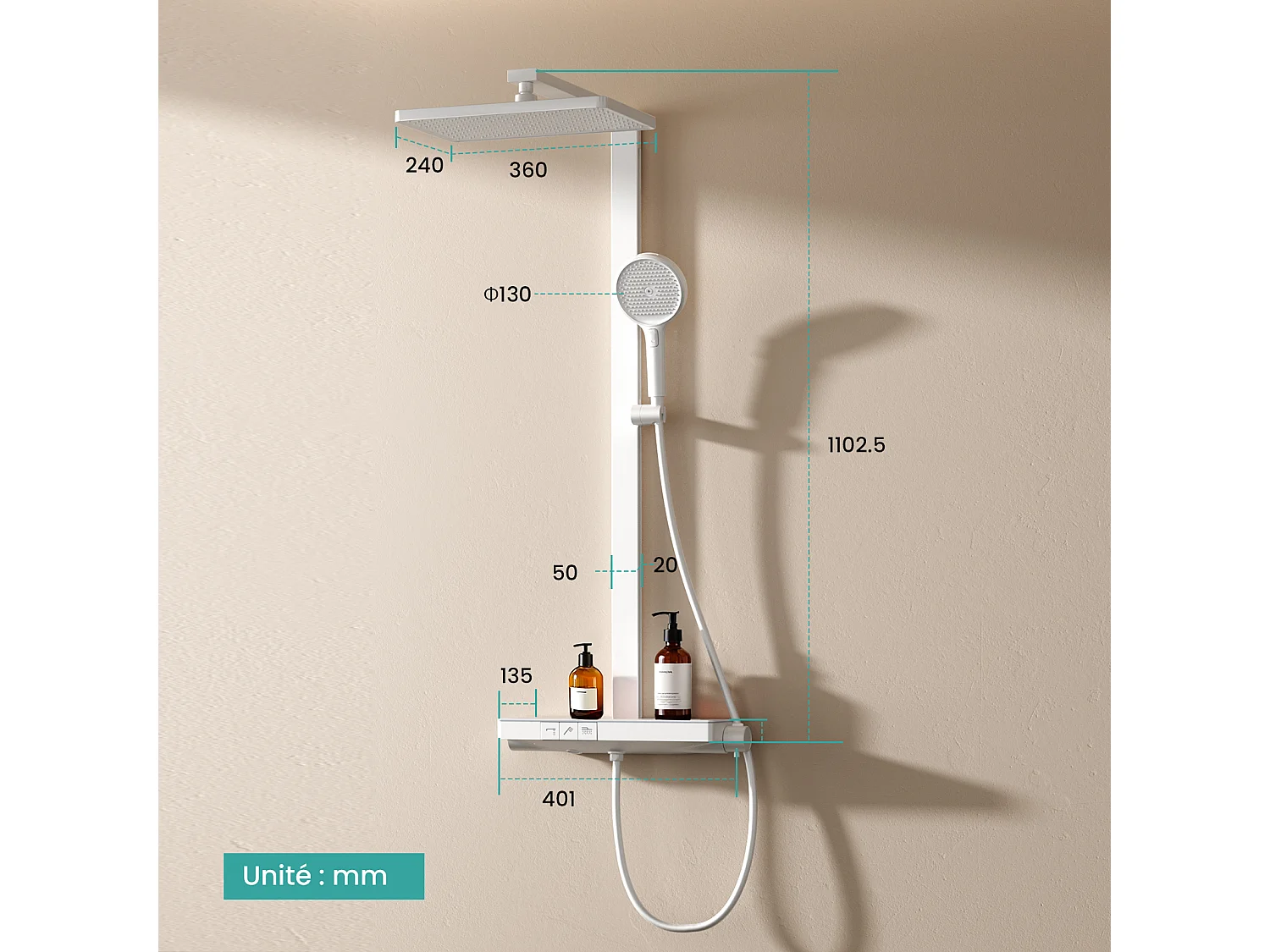 EMKE Thermostaatdouchekolom Set, met 40 cm thermostaatplaat, regen douche, Wit