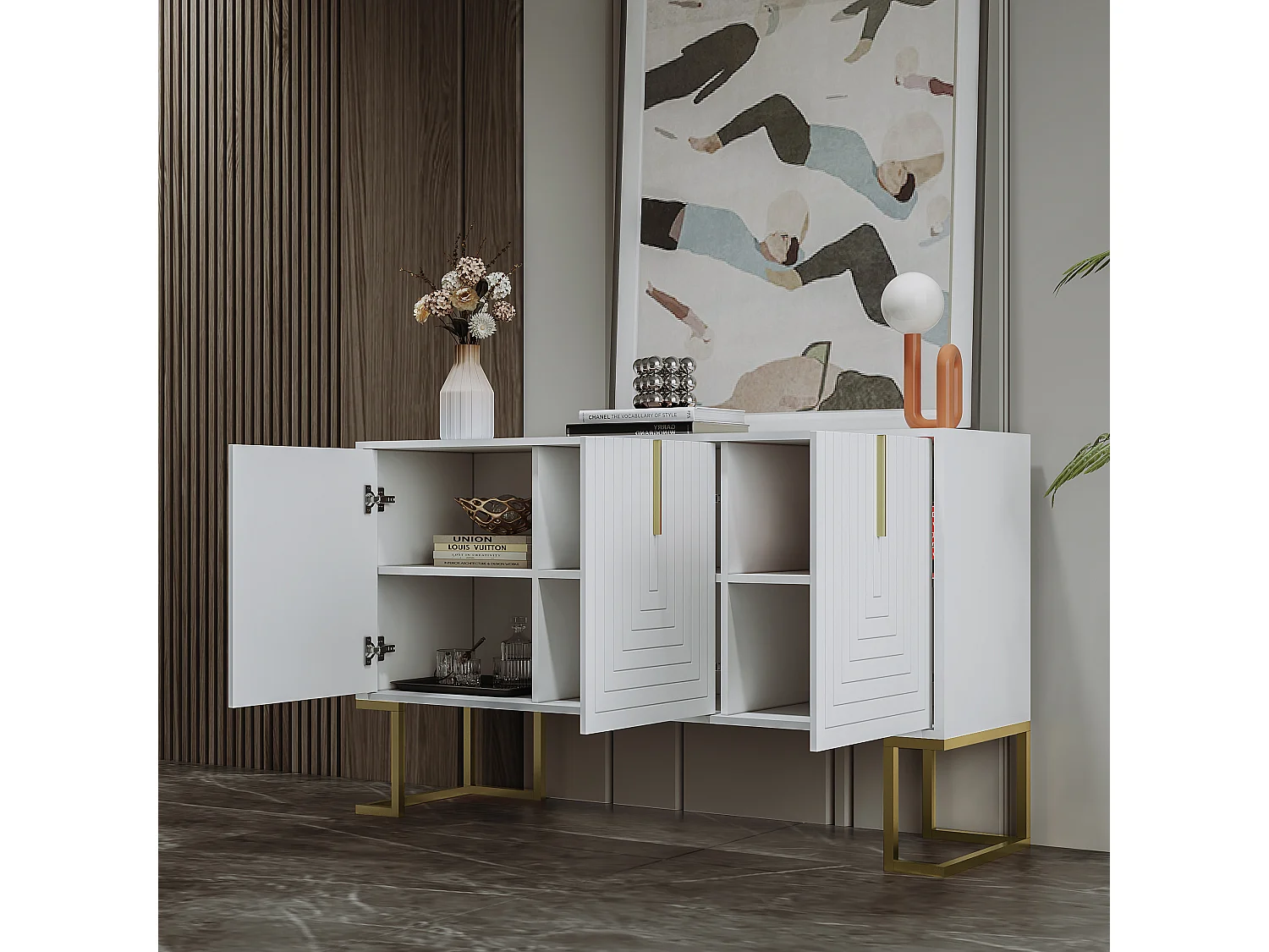 URBAN MEUBLE Commode buffet haut avec 3 portes blanc motif de forme U H81/B138/T40