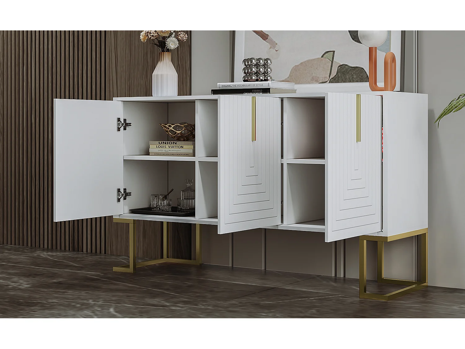 URBAN MEUBLE Commode buffet haut avec 3 portes blanc motif de forme U H81/B138/T40