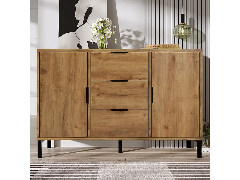 URBAN MEUBLE Buffet effet bois chêne foncé style industriel 2 portes 3 tiroirs 120x40x76cm