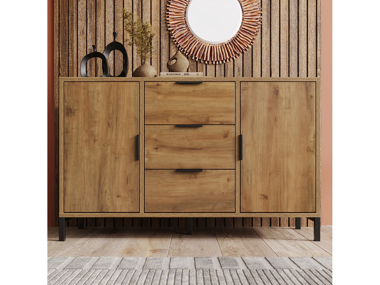 URBAN MEUBLE Buffet effet bois chêne foncé style industriel 2 portes 3 tiroirs 120x40x76cm