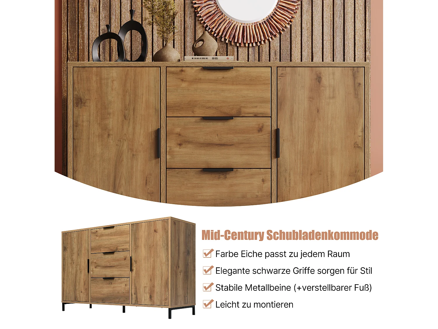 URBAN MEUBLE Buffet effet bois chêne foncé style industriel 2 portes 3 tiroirs 120x40x76cm