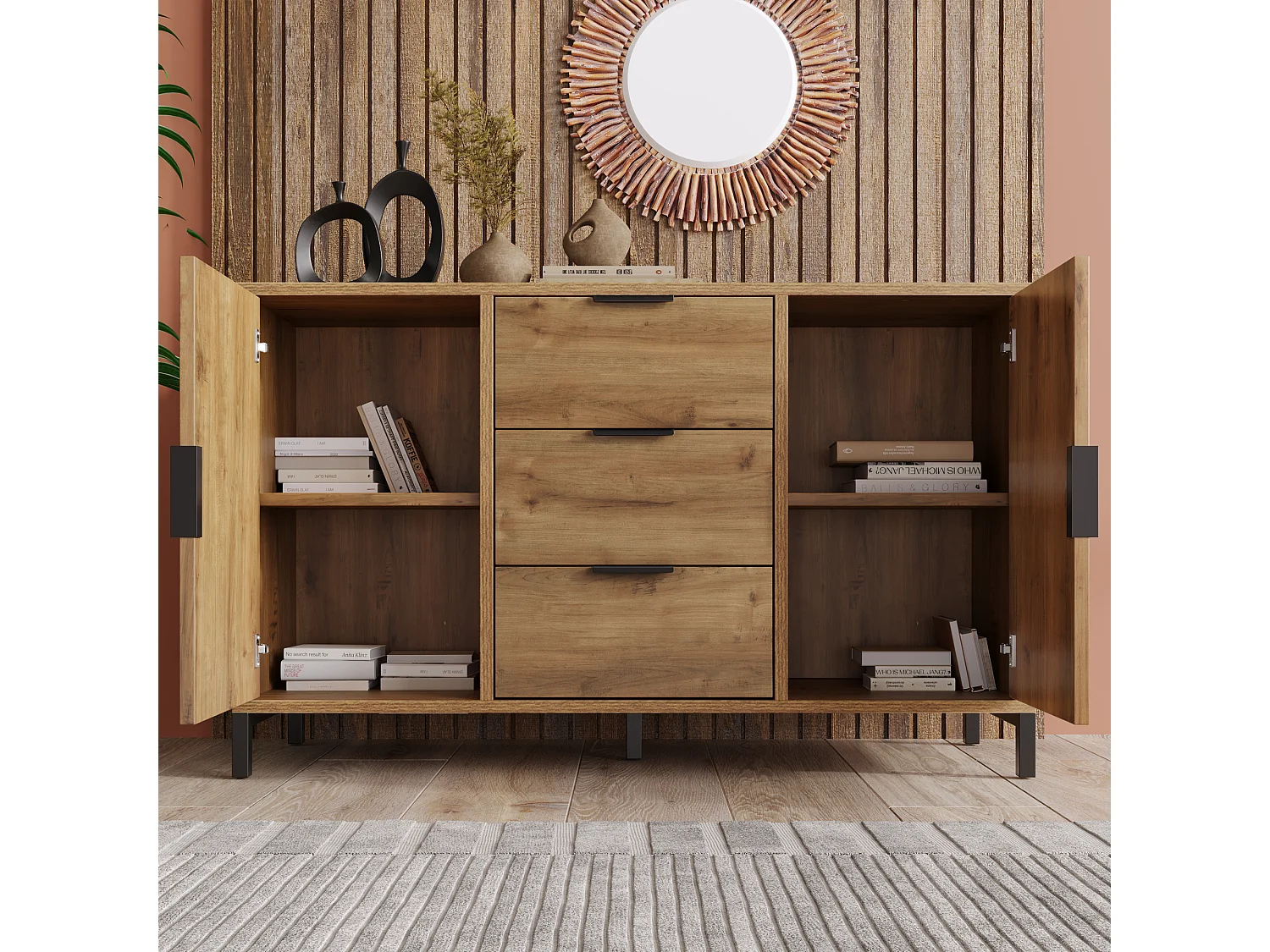 URBAN MEUBLE Buffet effet bois chêne foncé style industriel 2 portes 3 tiroirs 120x40x76cm
