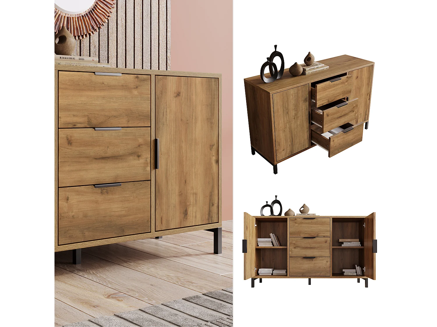 URBAN MEUBLE Buffet effet bois chêne foncé style industriel 2 portes 3 tiroirs 120x40x76cm