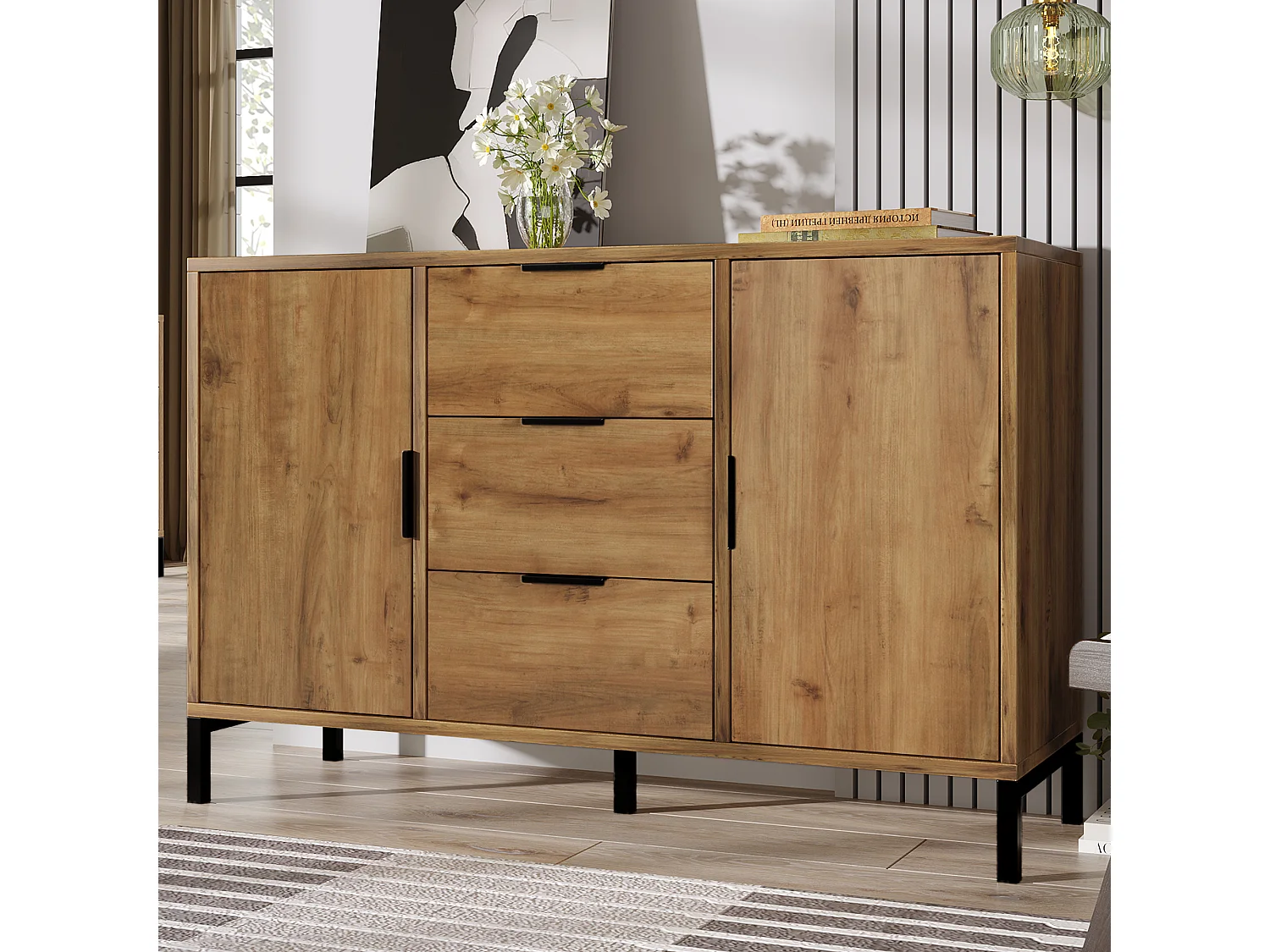 URBAN MEUBLE Buffet effet bois chêne foncé style industriel 2 portes 3 tiroirs 120x40x76cm