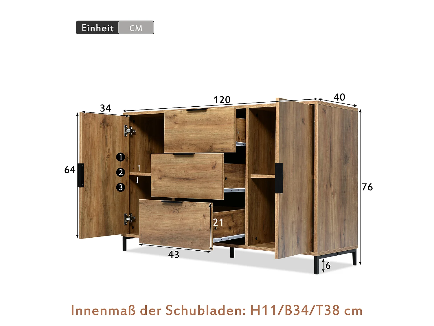 URBAN MEUBLE Buffet effet bois chêne foncé style industriel 2 portes 3 tiroirs 120x40x76cm
