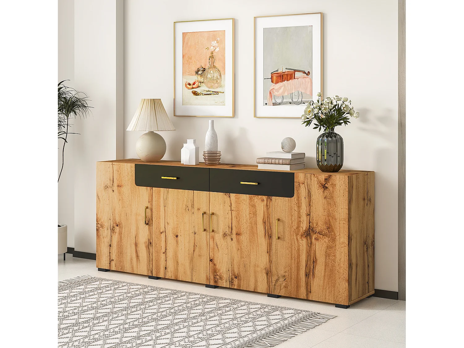 Buffet effet bois et noir 4 portes 2 tiroirs poignées dorés 208x39,5x80cm HERNON