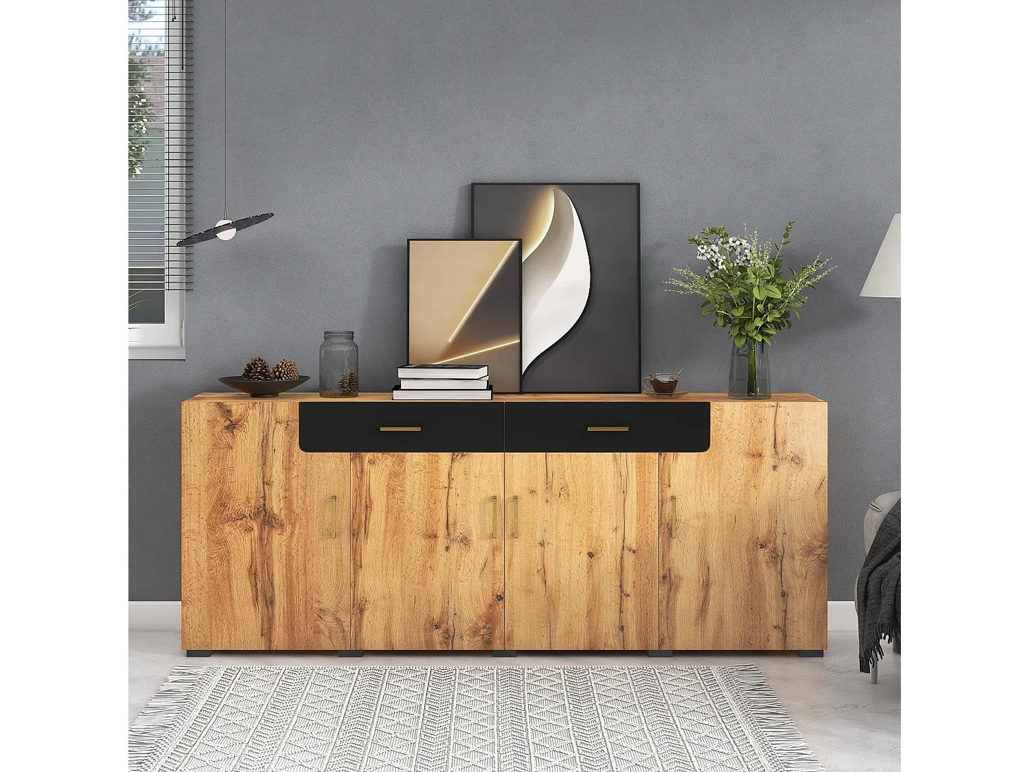 Buffet effet bois et noir 4 portes 2 tiroirs poignées dorés 208x39,5x80cm HERNON