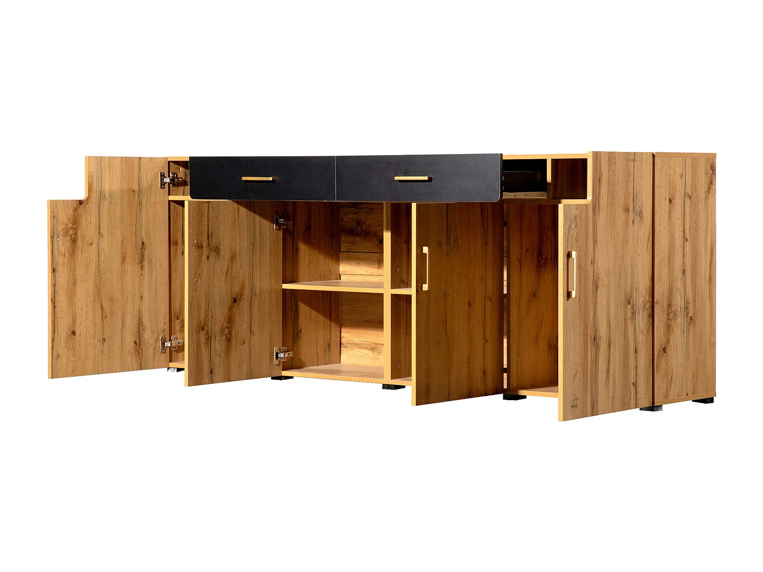 Buffet effet bois et noir 4 portes 2 tiroirs poignées dorés 208x39,5x80cm HERNON