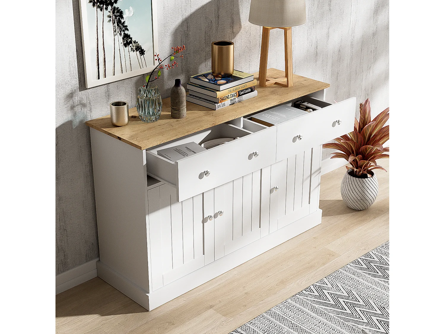 URBAN MEUBLE Buffet blanc texture gravée avec espace de rangement