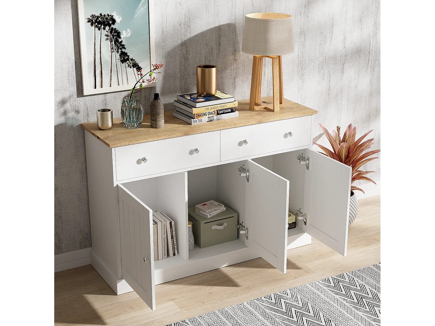 URBAN MEUBLE Buffet blanc texture gravée avec espace de rangement