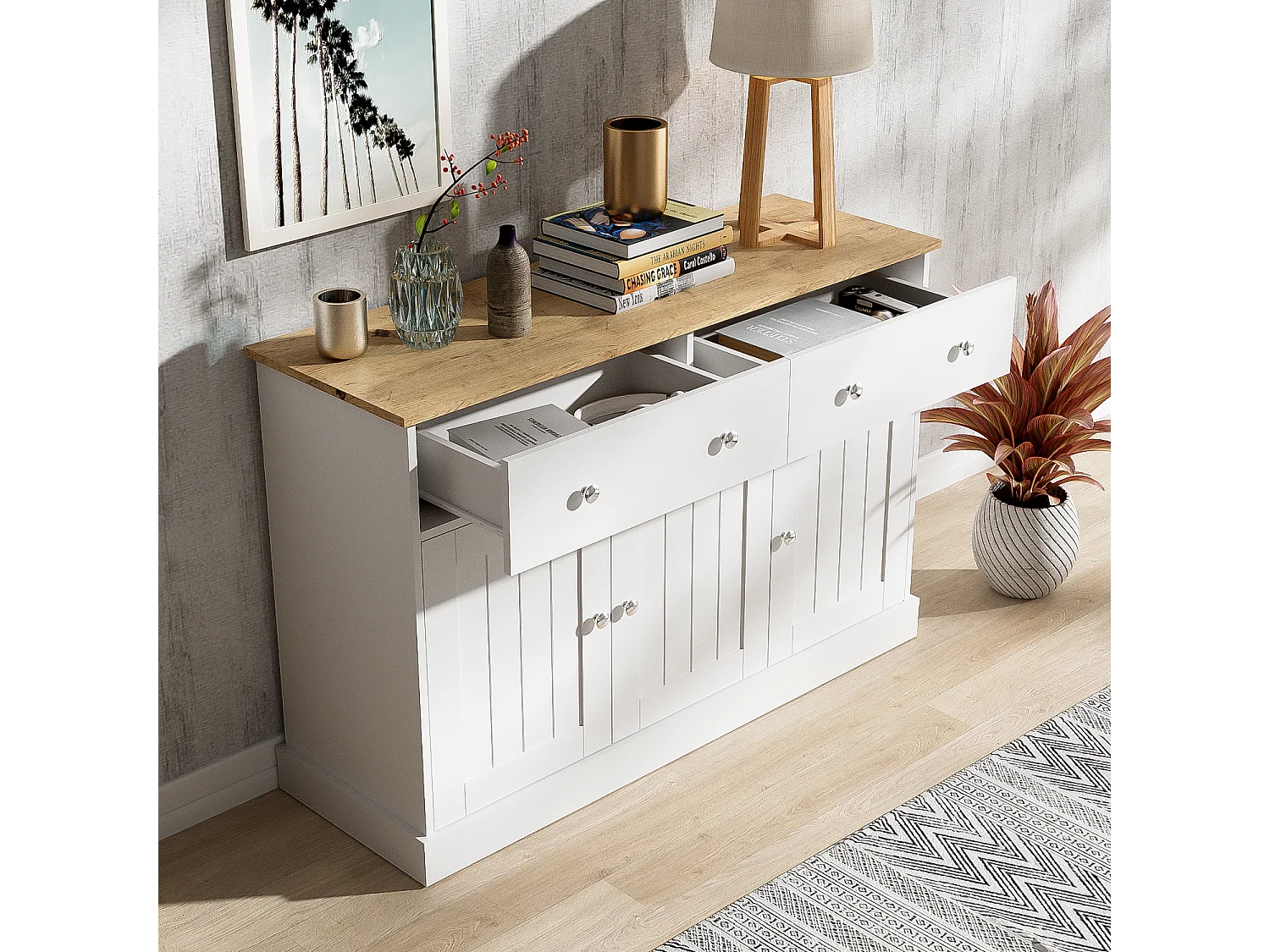 URBAN MEUBLE Buffet blanc texture gravée avec espace de rangement