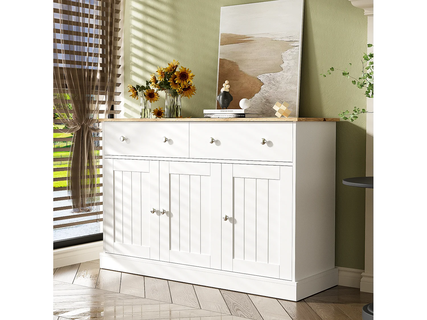 URBAN MEUBLE Buffet blanc texture gravée avec espace de rangement