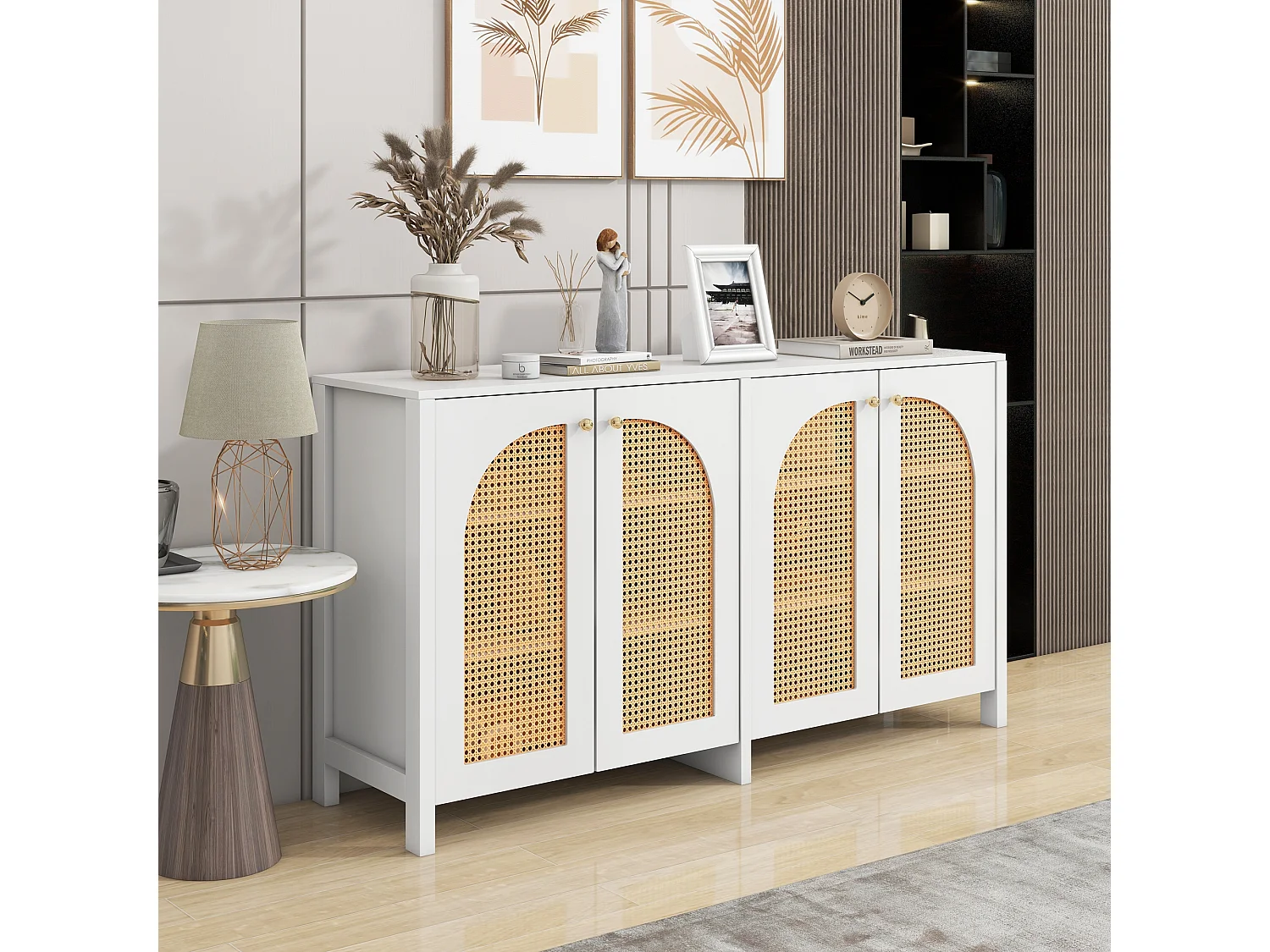 URBAN MEUBLE Buffet élégant blanc en rotin 4 portes