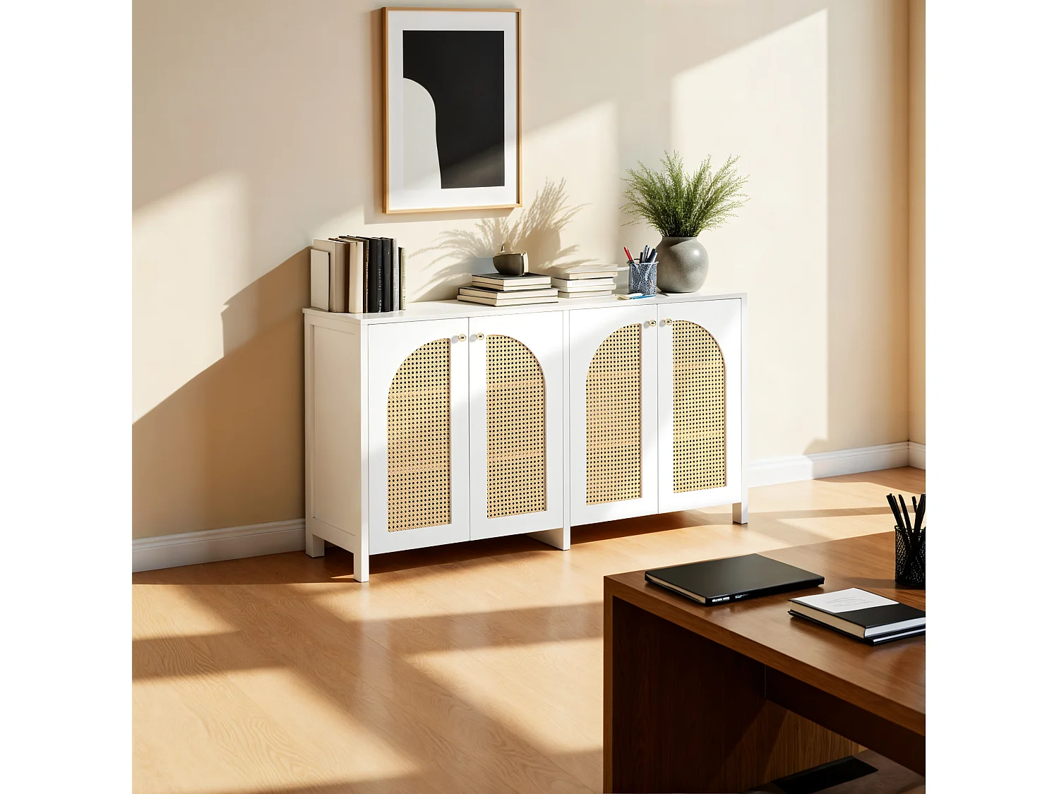 URBAN MEUBLE Buffet élégant blanc en rotin 4 portes