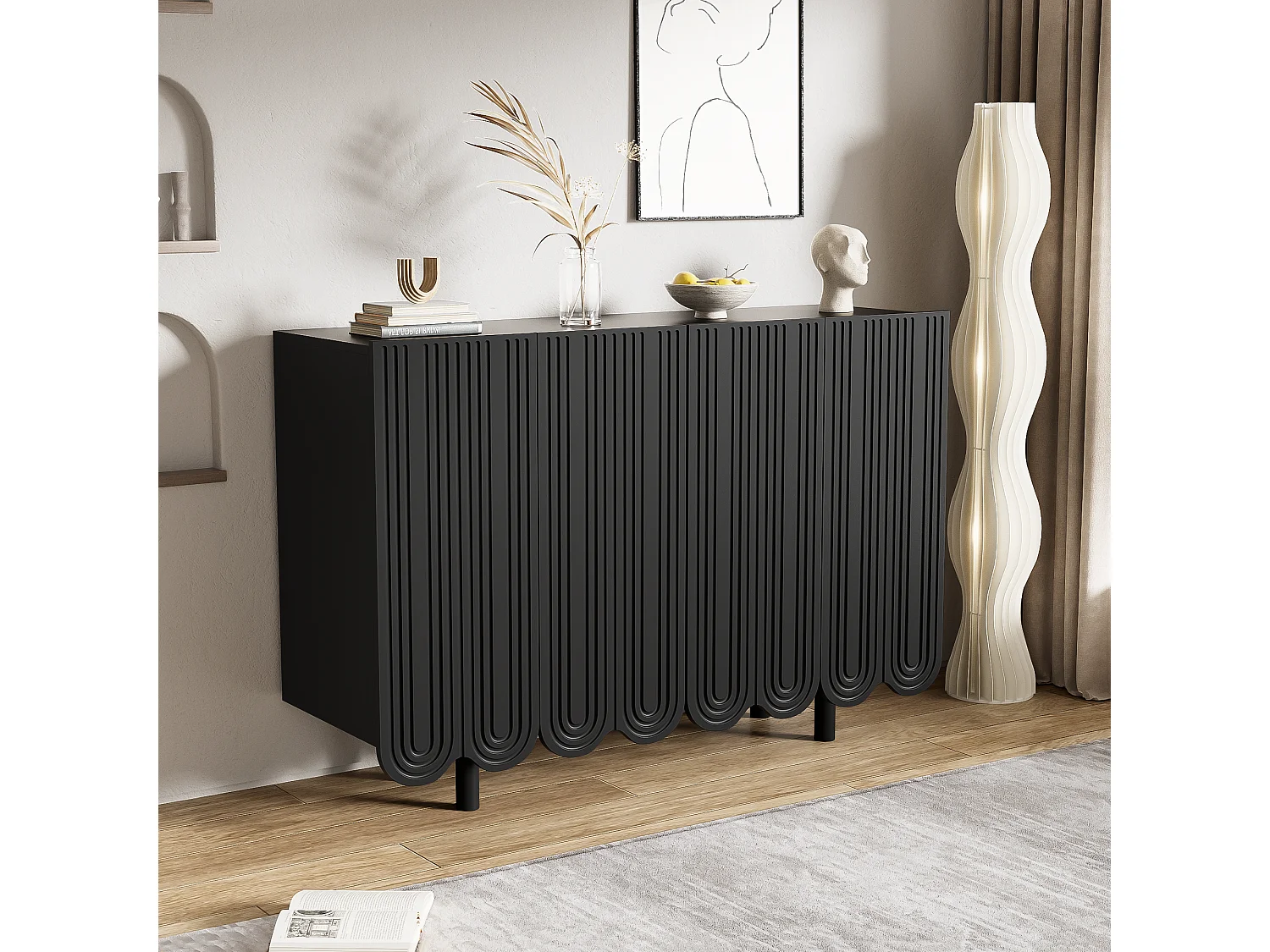 URBAN MEUBLE Buffet noir 4 portes avec motif et rangement 120*37.5*80.8 cm