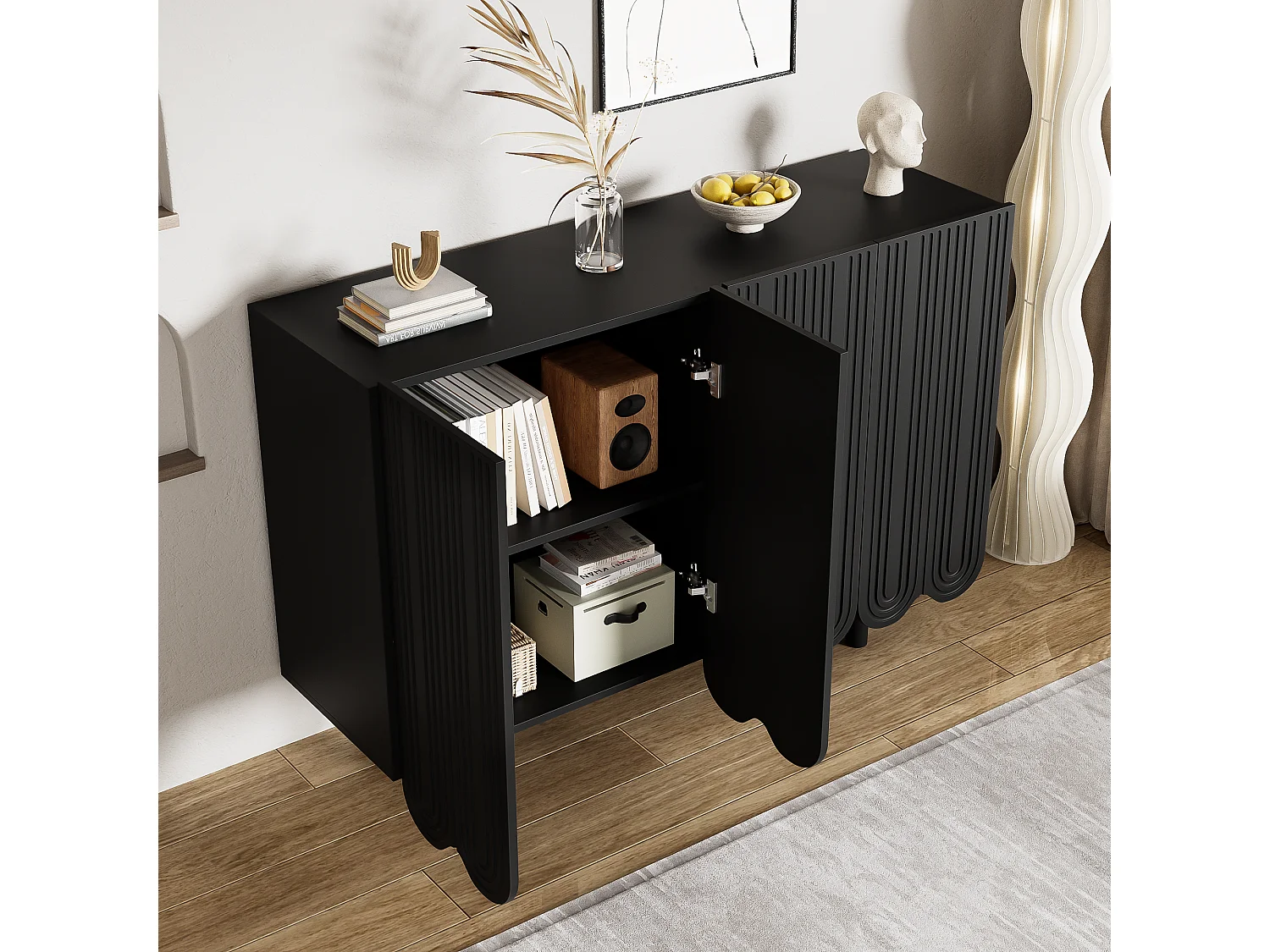 URBAN MEUBLE Buffet noir 4 portes avec motif et rangement 120*37.5*80.8 cm