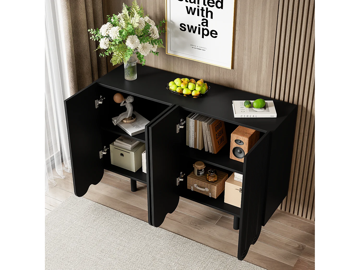 URBAN MEUBLE Buffet noir 4 portes avec motif et rangement 120*37.5*80.8 cm