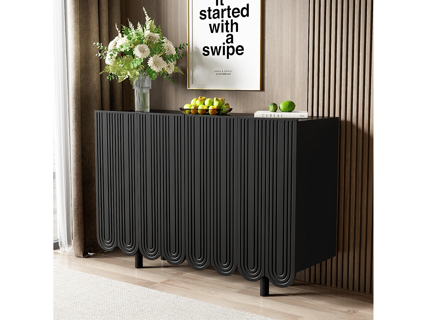 URBAN MEUBLE Buffet noir 4 portes avec motif et rangement 120*37.5*80.8 cm