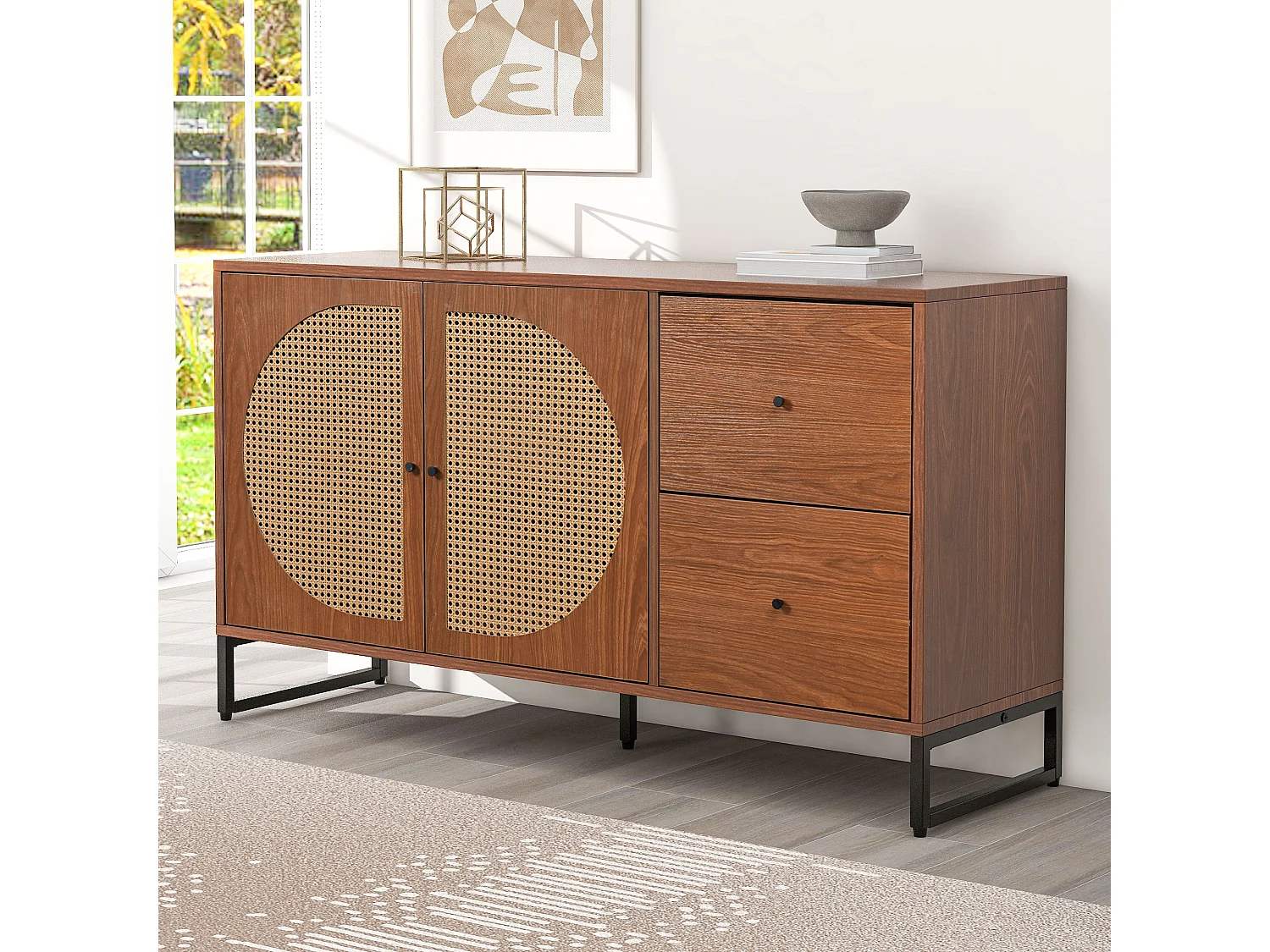 Buffet effet bois style vintage en rotin avec 2 portes et 2 tiroirs EMONS