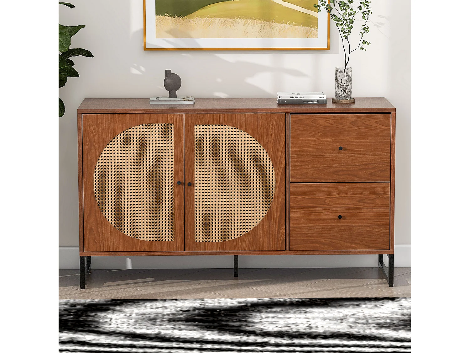 Buffet effet bois style vintage en rotin avec 2 portes et 2 tiroirs EMONS