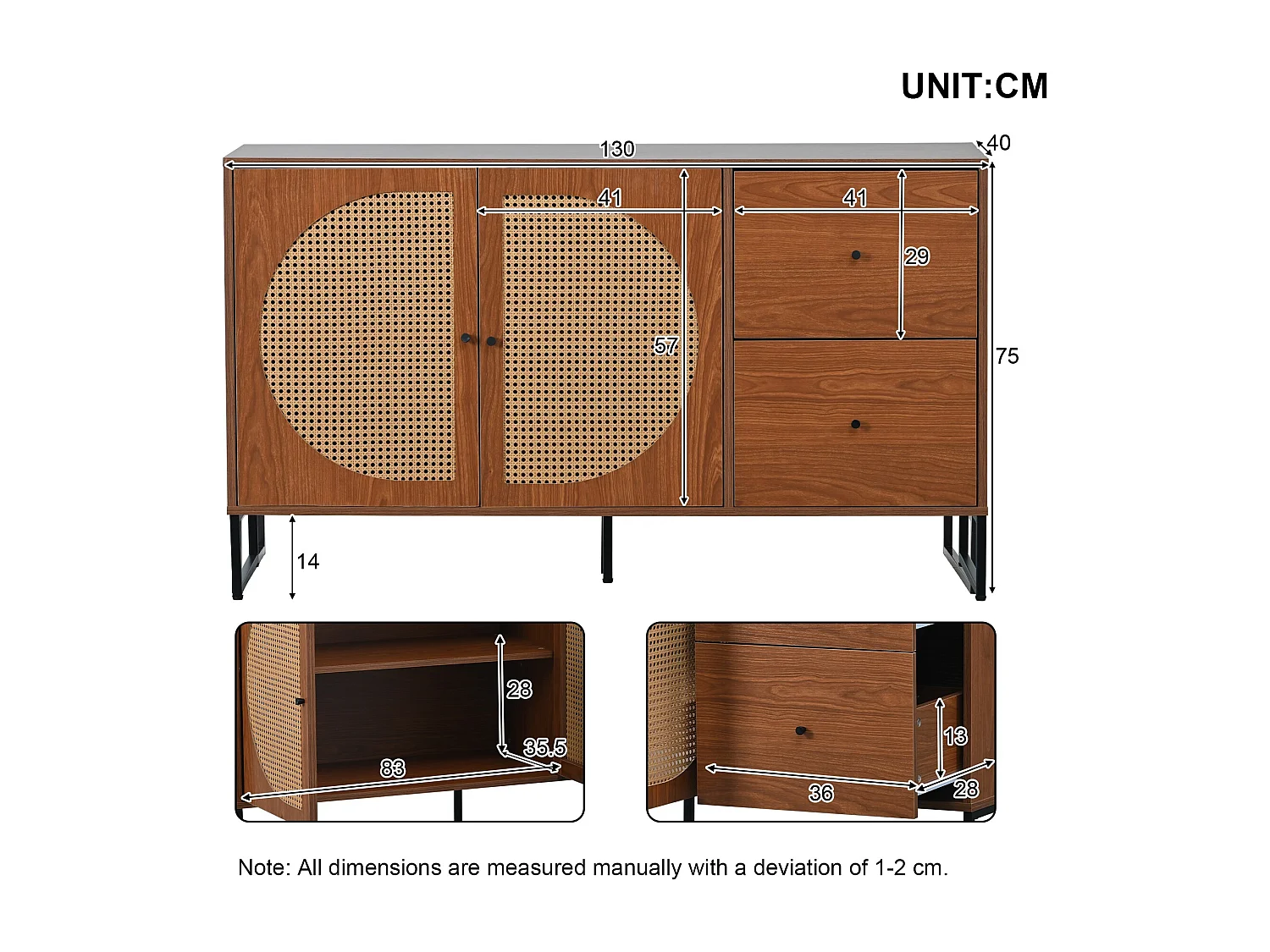 Buffet effet bois style vintage en rotin avec 2 portes et 2 tiroirs EMONS