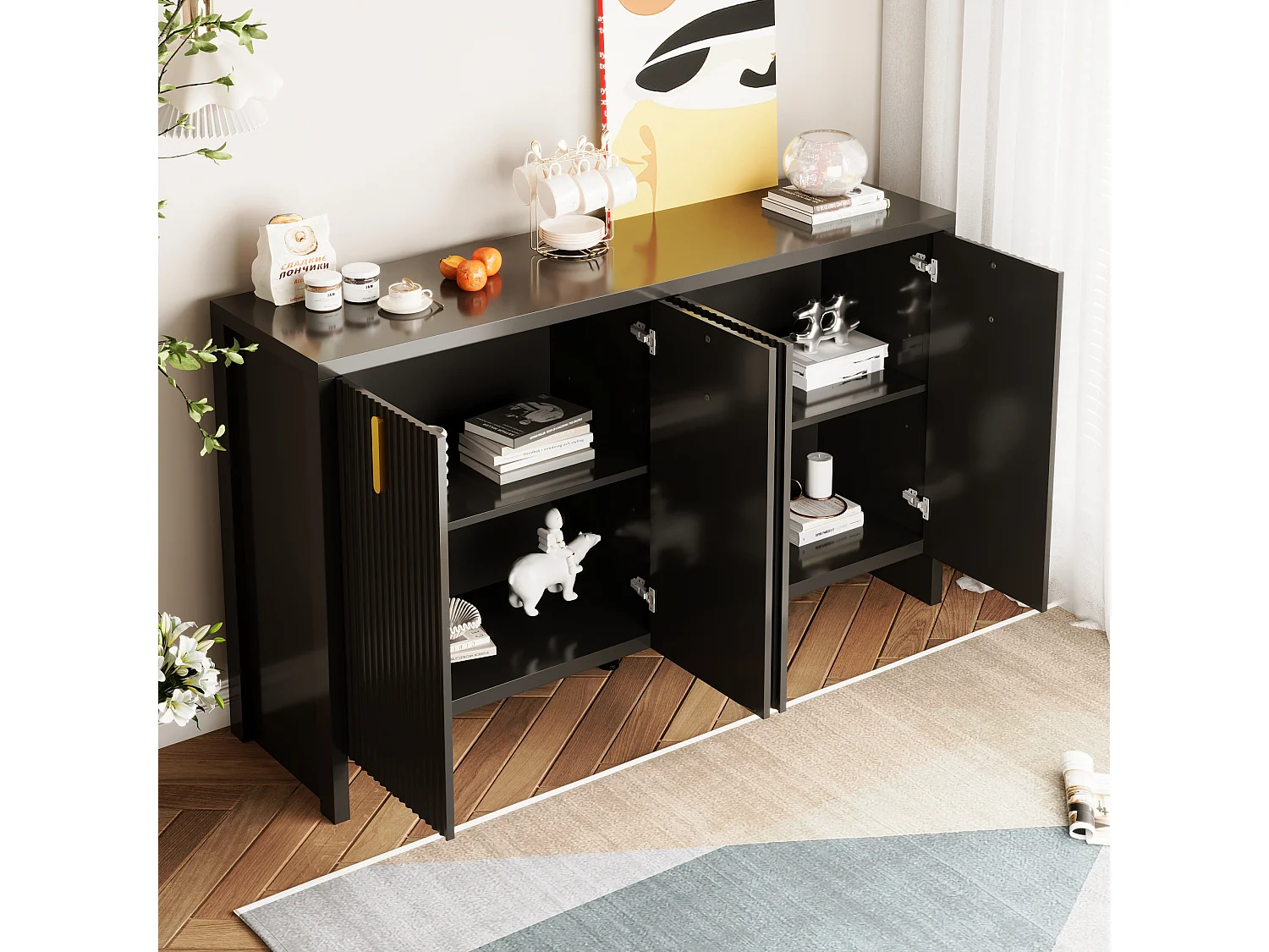 URBAN MEUBLE Buffet moderne minimaliste noir avec 4 portes battantes et poignets noirs