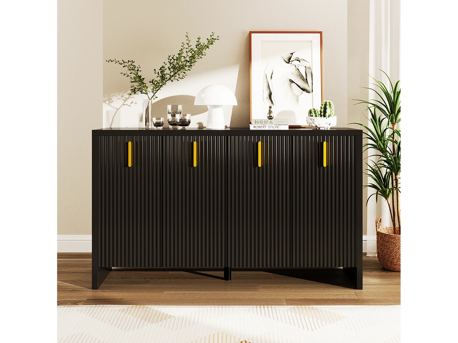 URBAN MEUBLE Buffet moderne minimaliste noir avec 4 portes battantes et poignets noirs