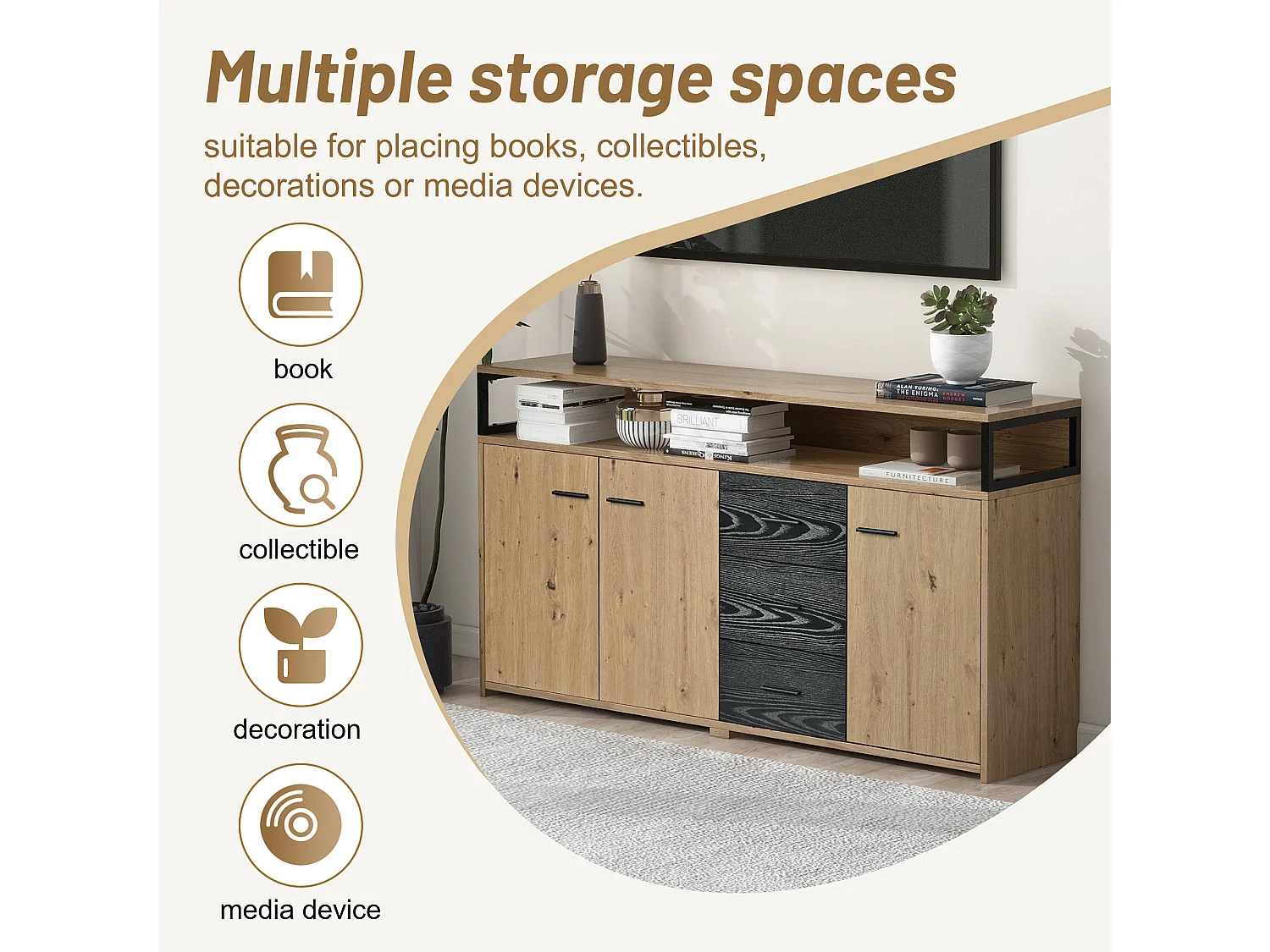 URBAN MEUBLE Buffet industriel effet bois avec 3 portes et 3 tiroirs rangement avec poignée métallique 150x35x75,9cm