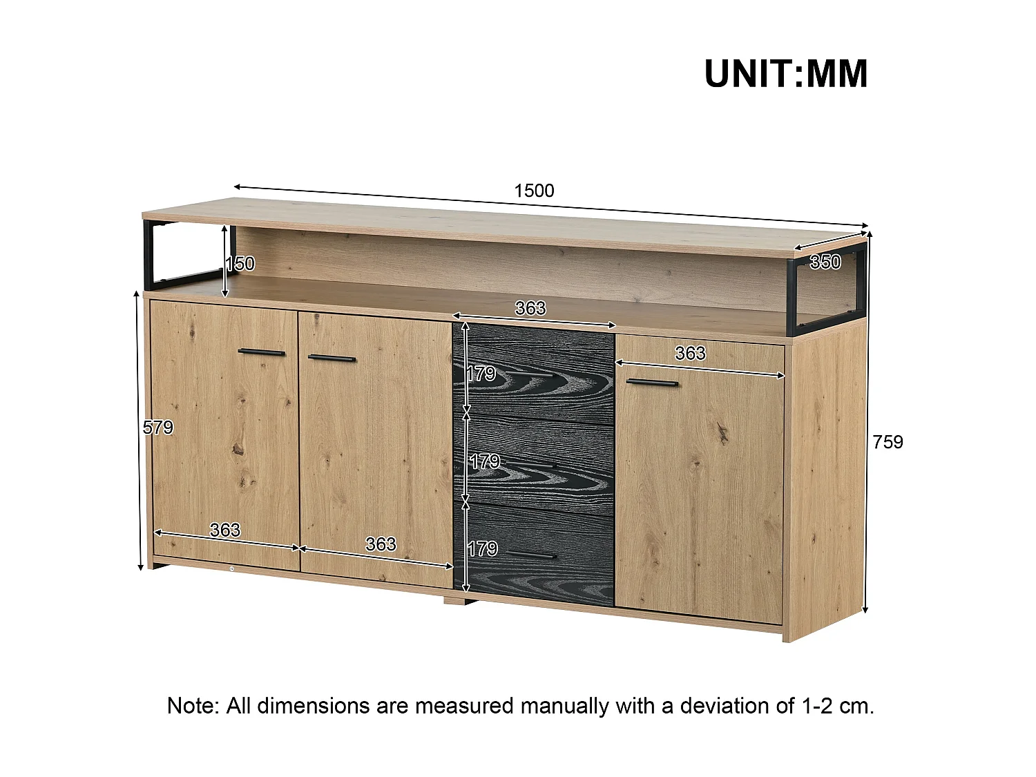 URBAN MEUBLE Buffet industriel effet bois avec 3 portes et 3 tiroirs rangement avec poignée métallique 150x35x75,9cm
