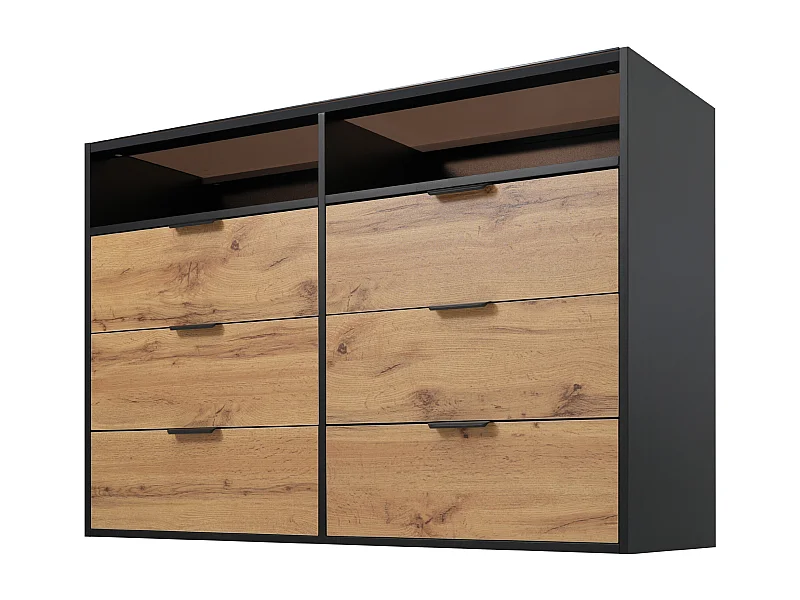 Buffet verre teinté ambre effet bois 6 tiroirs 2 vitrines poignées noirs 120x40x80cm STOKVANS