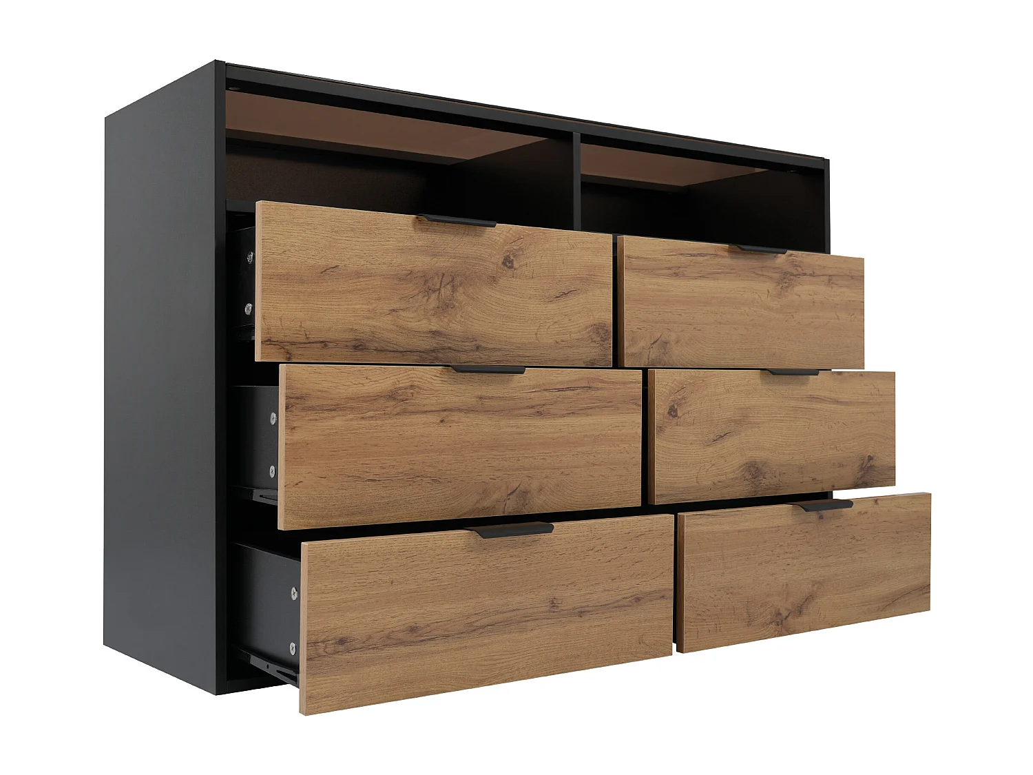 Buffet verre teinté ambre effet bois 6 tiroirs 2 vitrines poignées noirs 120x40x80cm STOKVANS