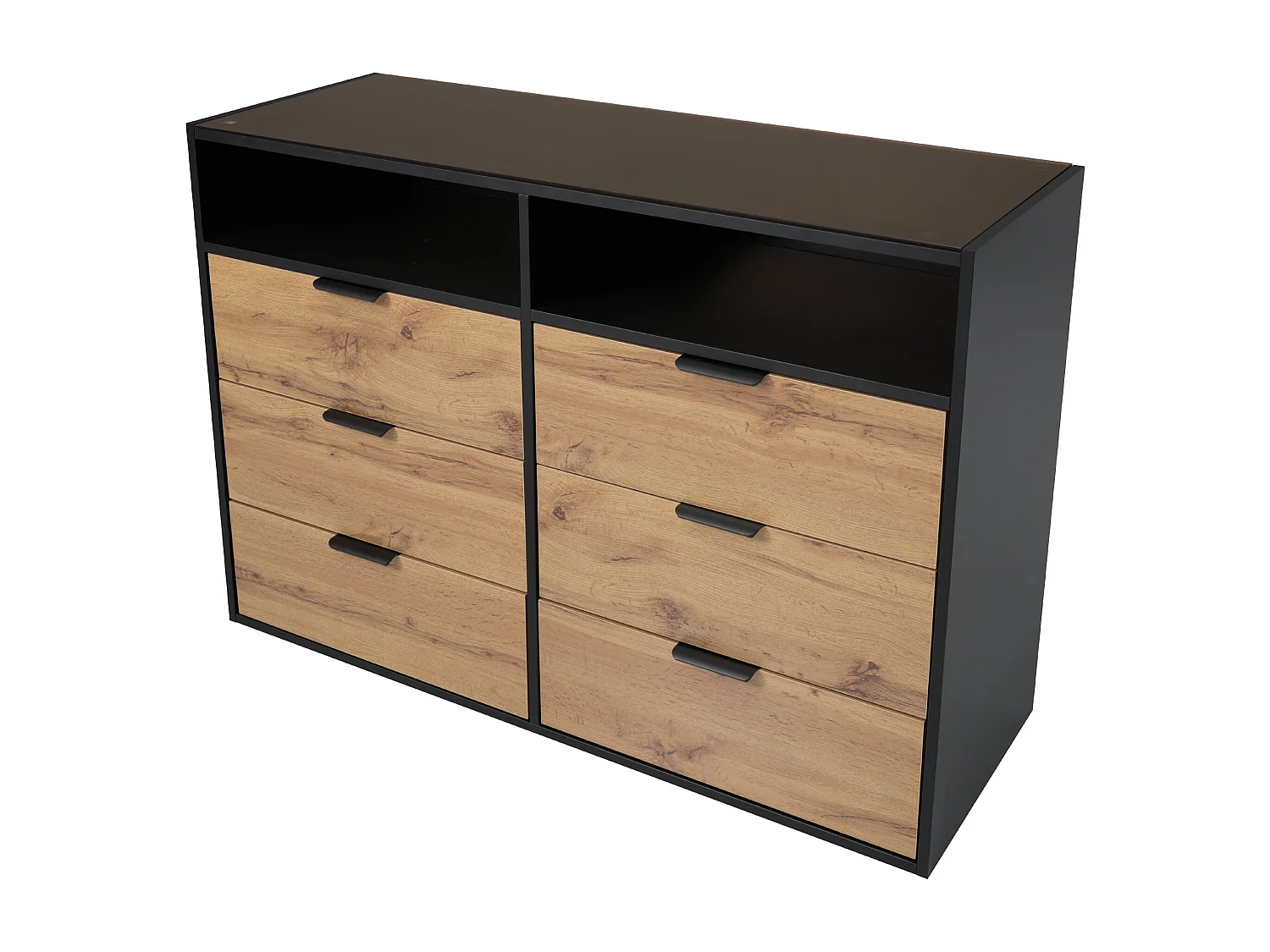 Buffet verre teinté ambre effet bois 6 tiroirs 2 vitrines poignées noirs 120x40x80cm STOKVANS