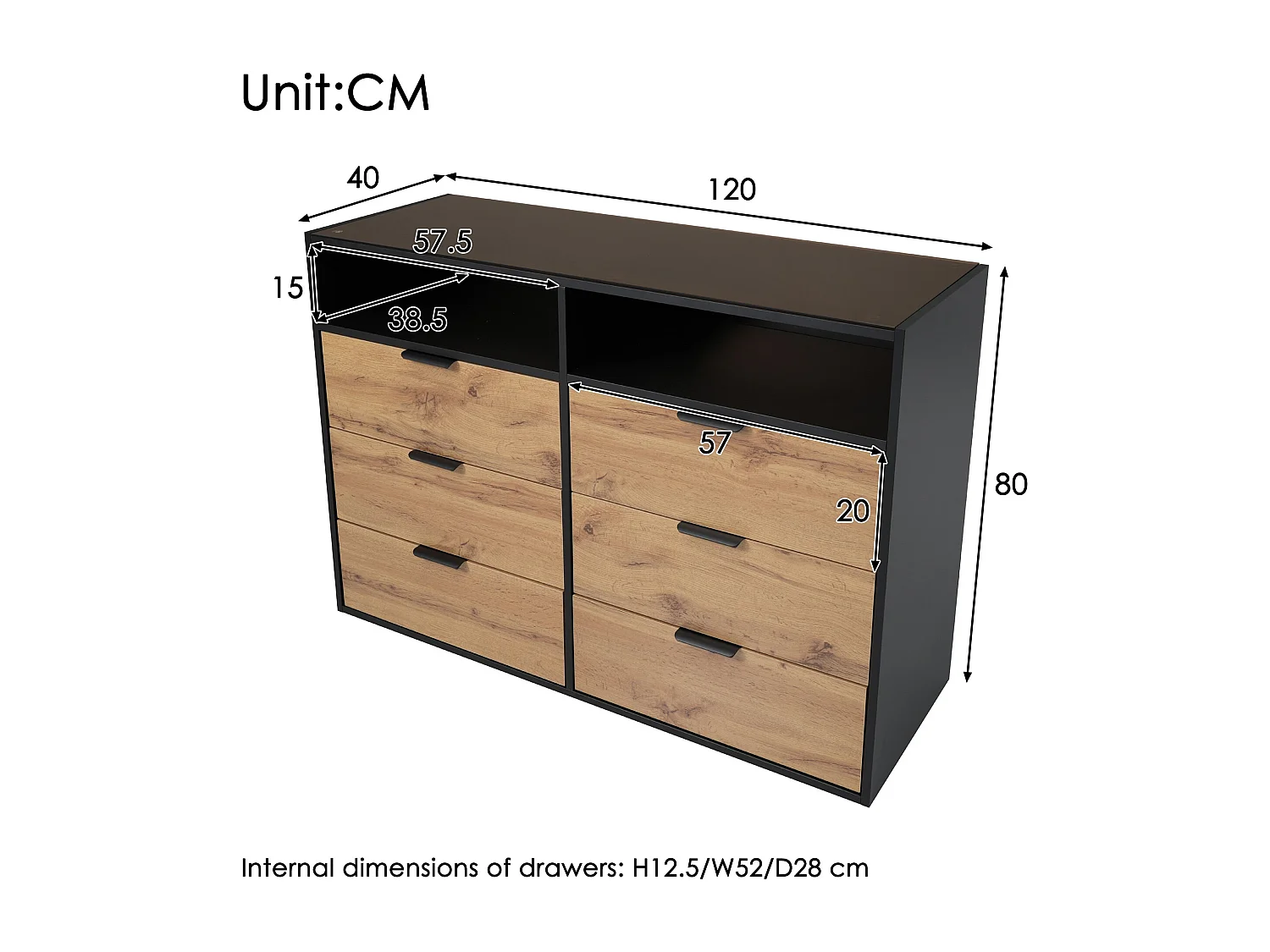 Buffet verre teinté ambre effet bois 6 tiroirs 2 vitrines poignées noirs 120x40x80cm STOKVANS
