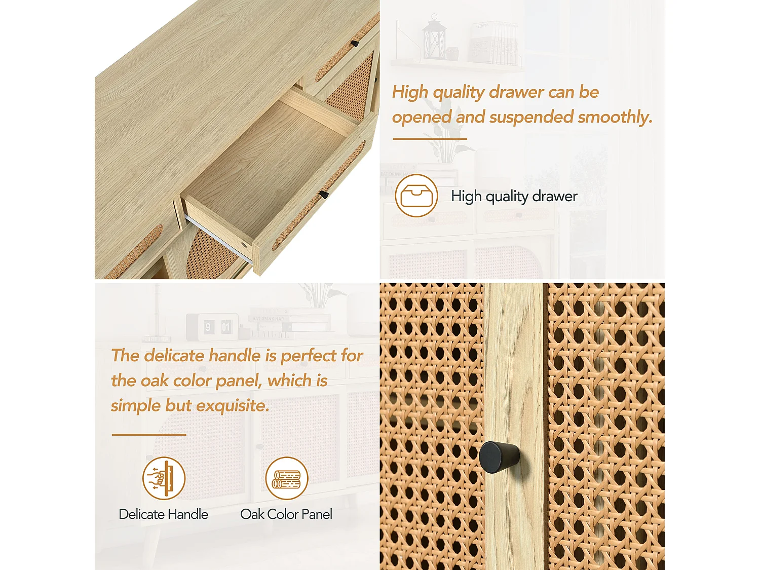 URBAN MEUBLE Buffet en bois et porte en rotin plastique PE et étagères réglables 3 tiroirs avec 3 portes coulissantes 140*40*78 cm