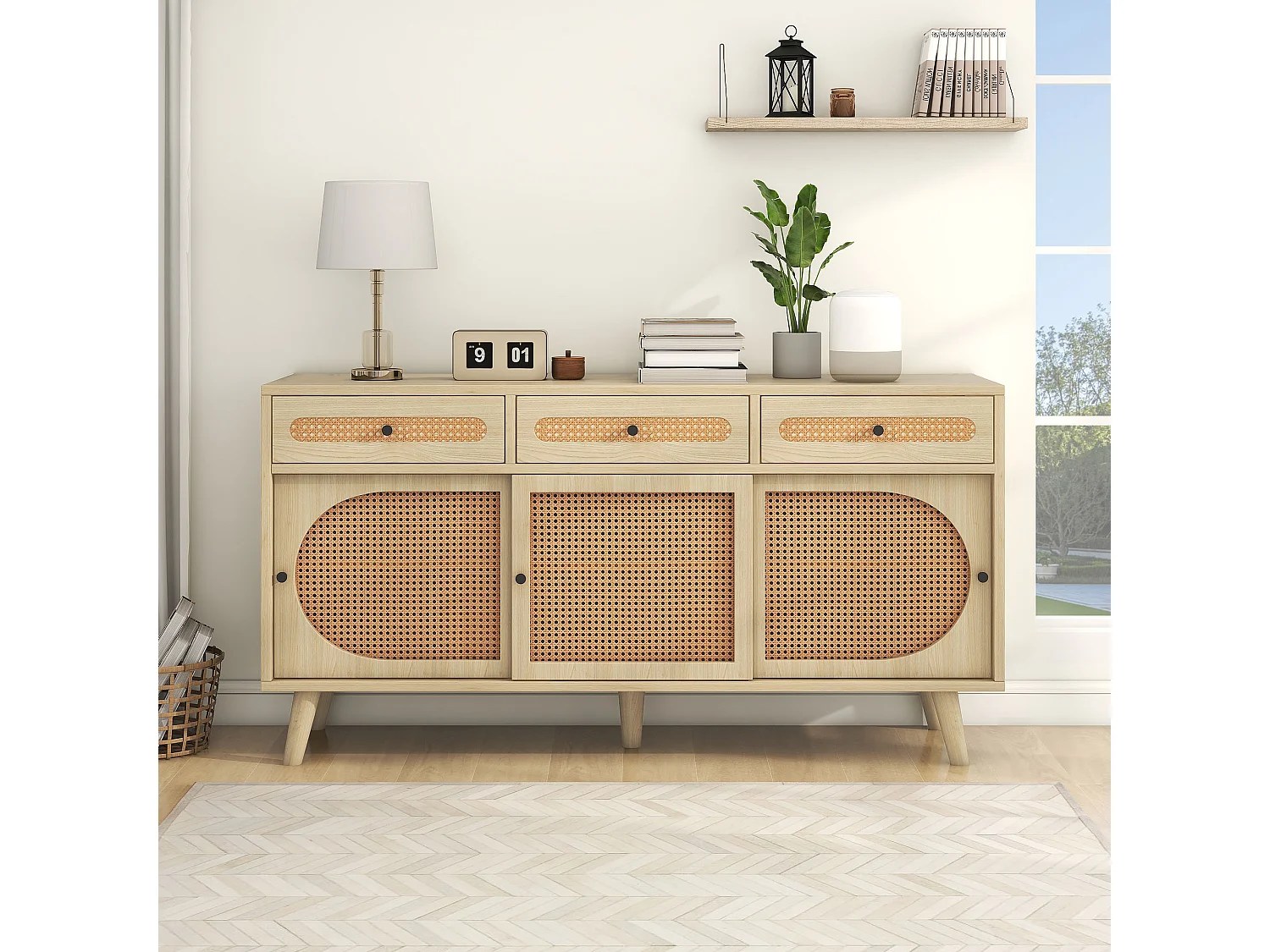 URBAN MEUBLE Buffet en bois et porte en rotin plastique PE et étagères réglables 3 tiroirs avec 3 portes coulissantes 140*40*78 cm