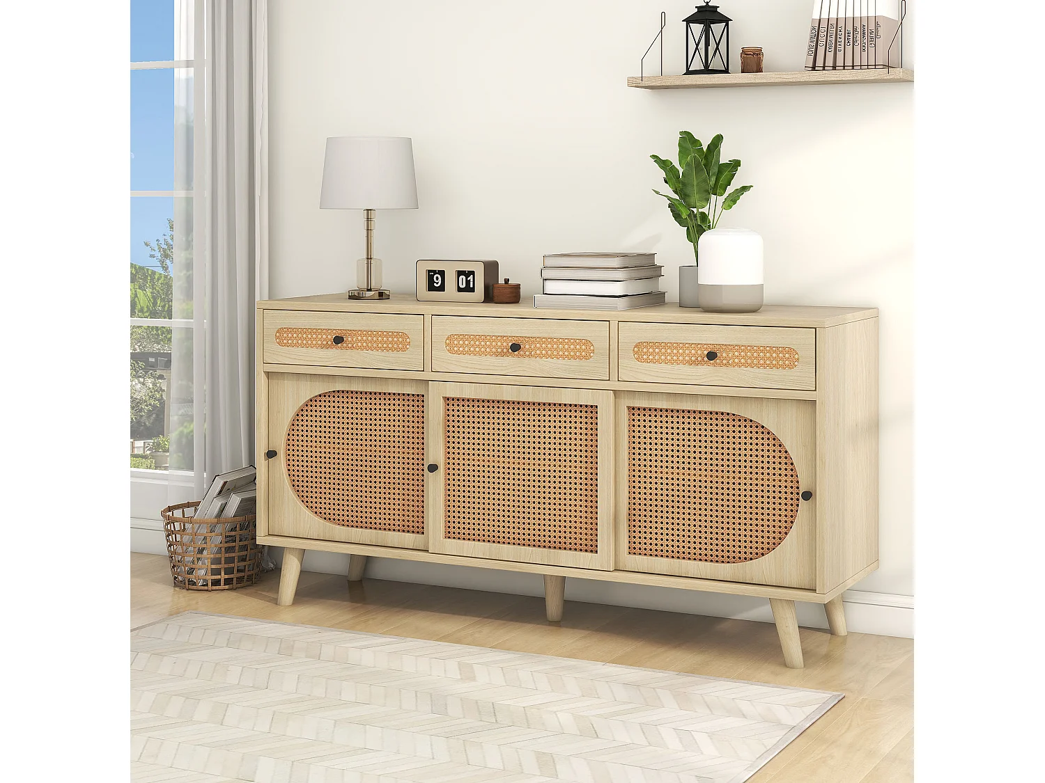 URBAN MEUBLE Buffet en bois et porte en rotin plastique PE et étagères réglables 3 tiroirs avec 3 portes coulissantes 140*40*78 cm