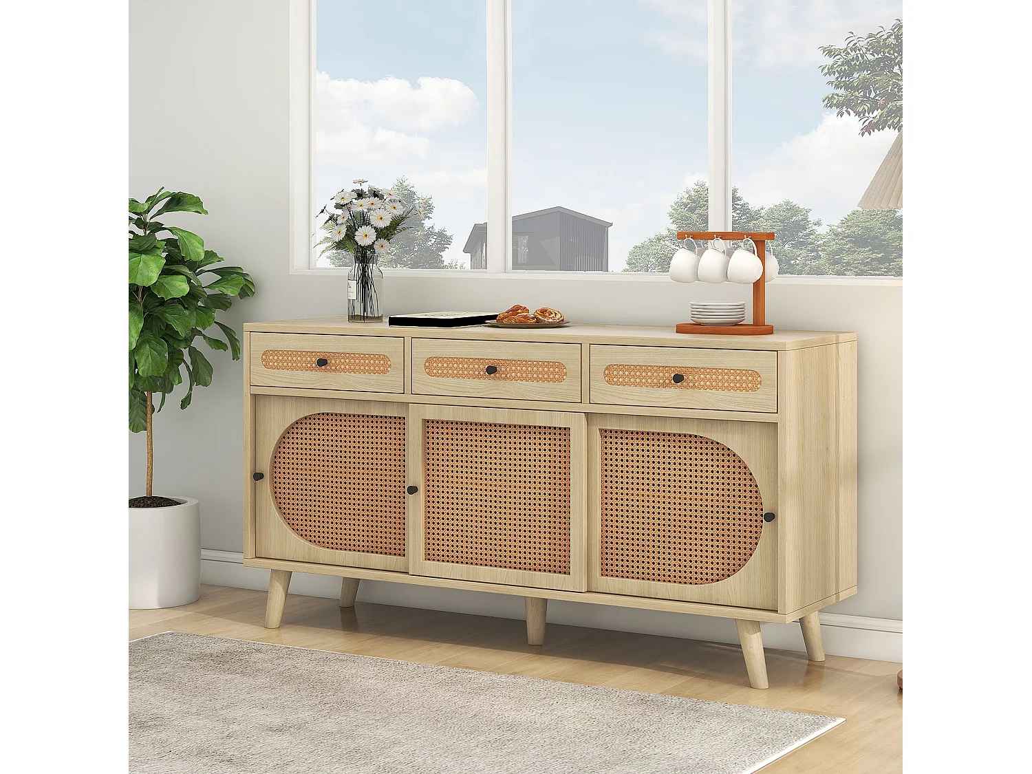 URBAN MEUBLE Buffet en bois et porte en rotin plastique PE et étagères réglables 3 tiroirs avec 3 portes coulissantes 140*40*78 cm