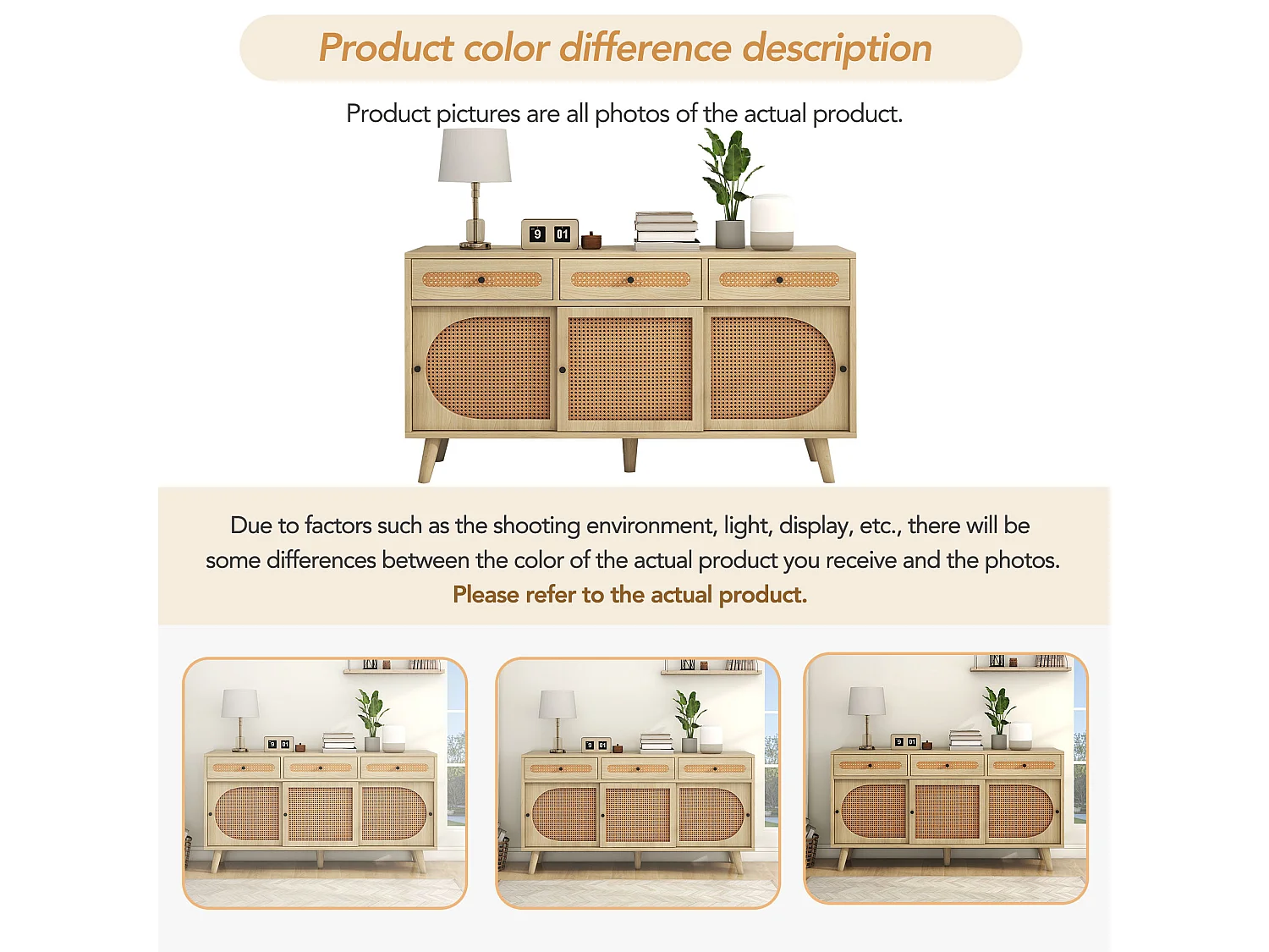 URBAN MEUBLE Buffet en bois et porte en rotin plastique PE et étagères réglables 3 tiroirs avec 3 portes coulissantes 140*40*78 cm