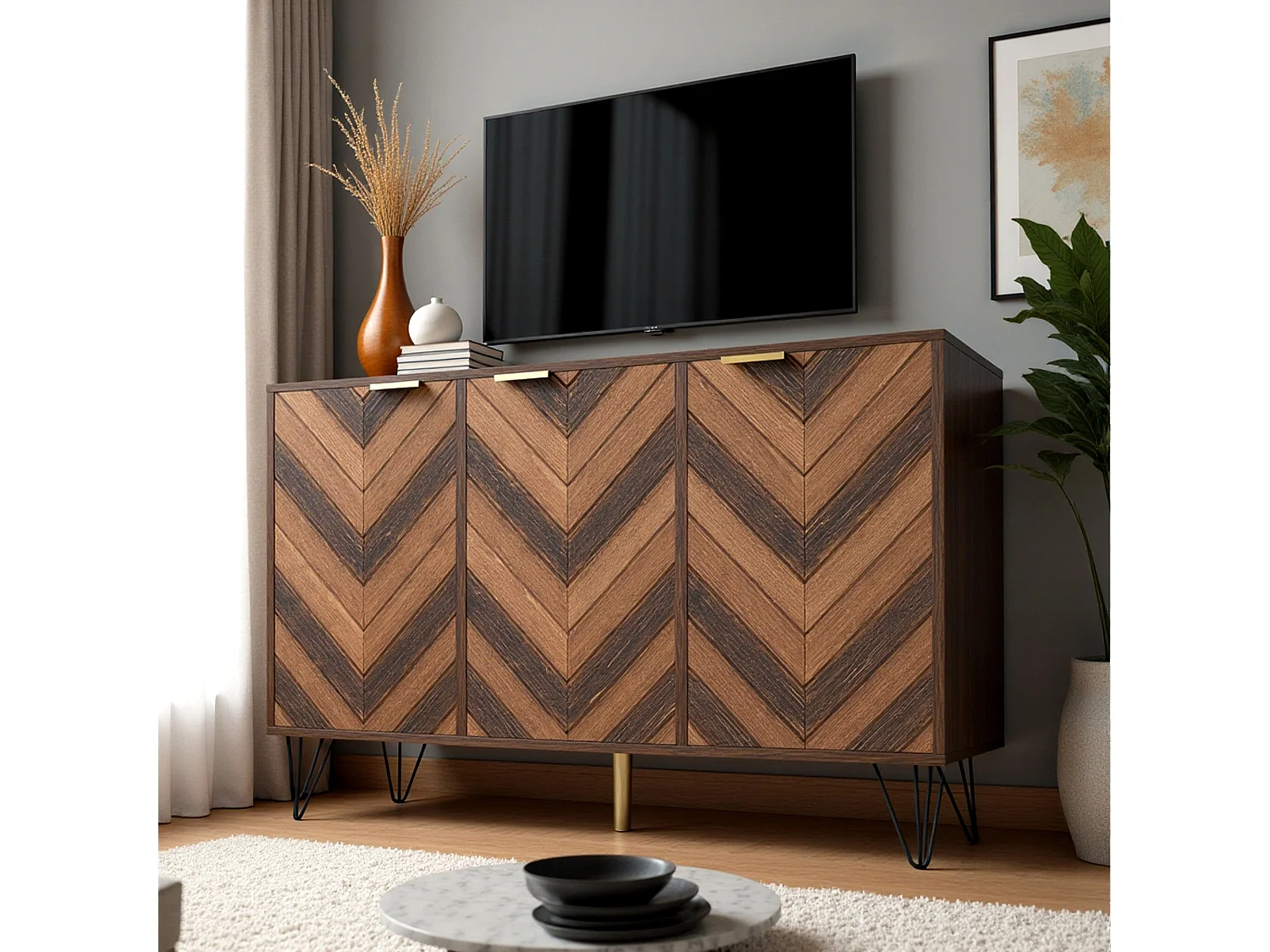 URBAN MEUBLE Buffet vintage détail élégant 3 portes poignées dorés