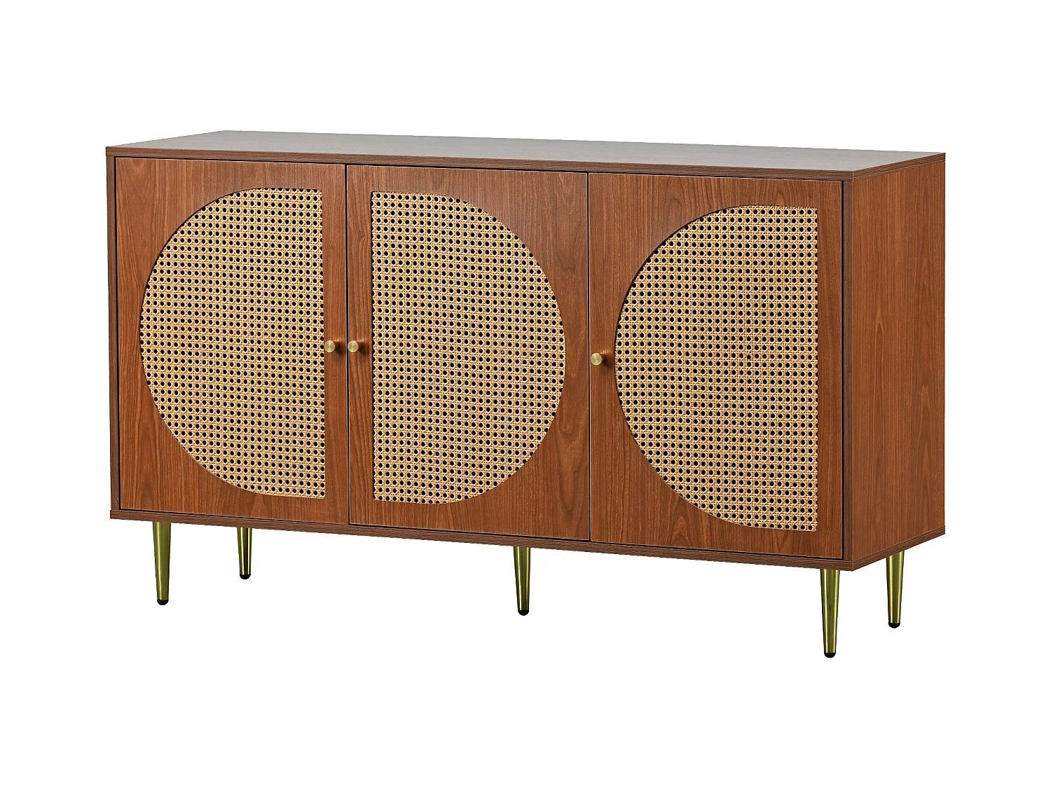 Buffet effet bois noyer avec 3 portes en rotin poignées pieds dorés 129,8x40x76cm OMOILL