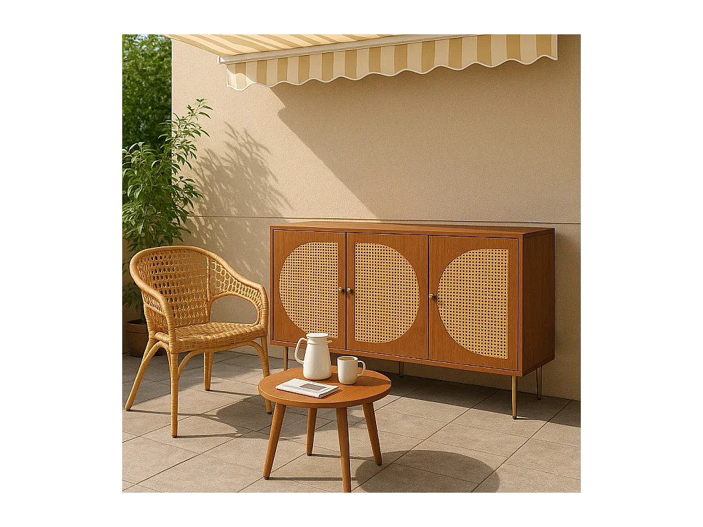 URBAN MEUBLE Buffet effet bois noyer avec 3 portes en rotin poignées pieds dorés 129,8x40x76cm