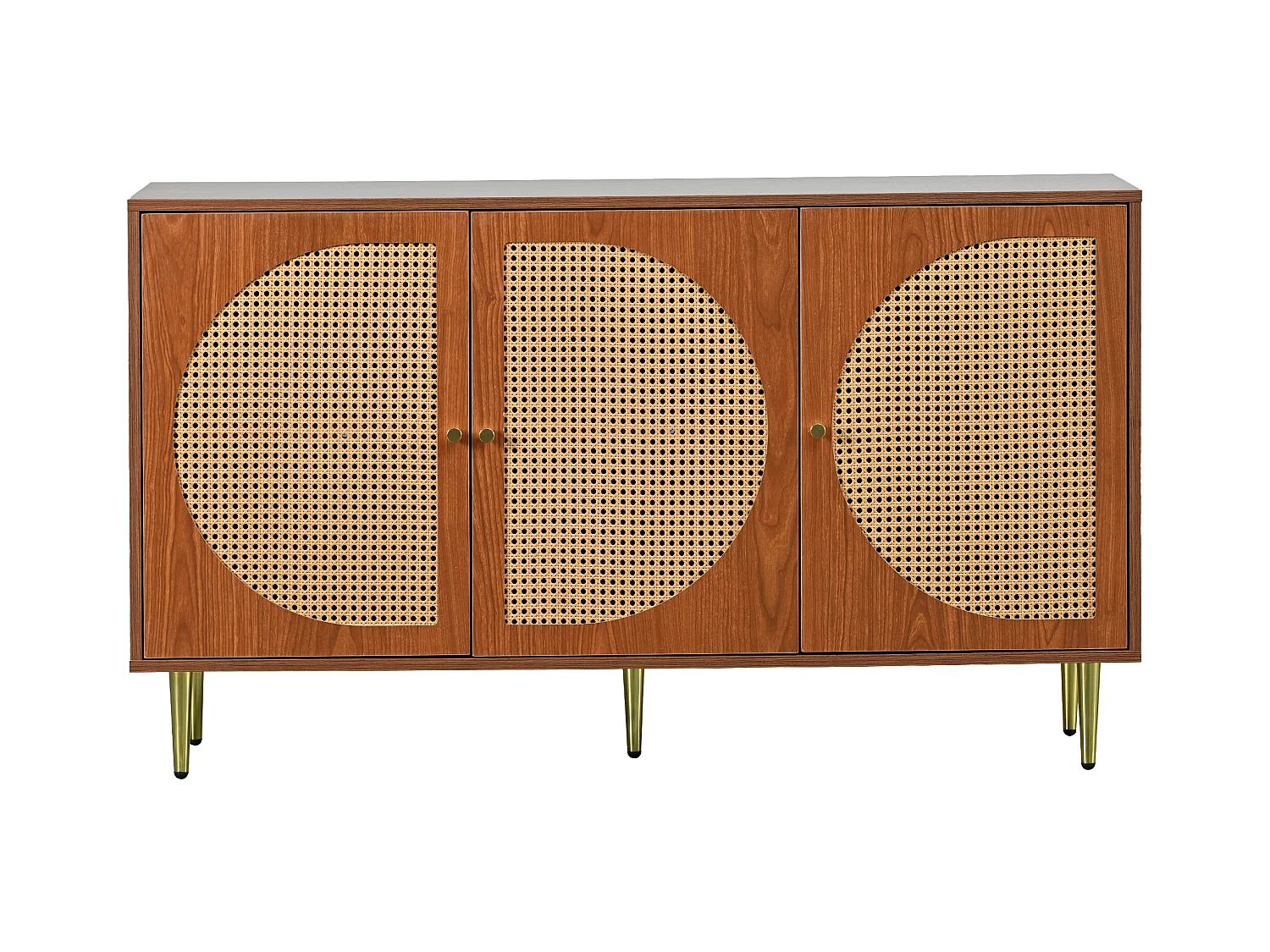 URBAN MEUBLE Buffet effet bois noyer avec 3 portes en rotin poignées pieds dorés 129,8x40x76cm