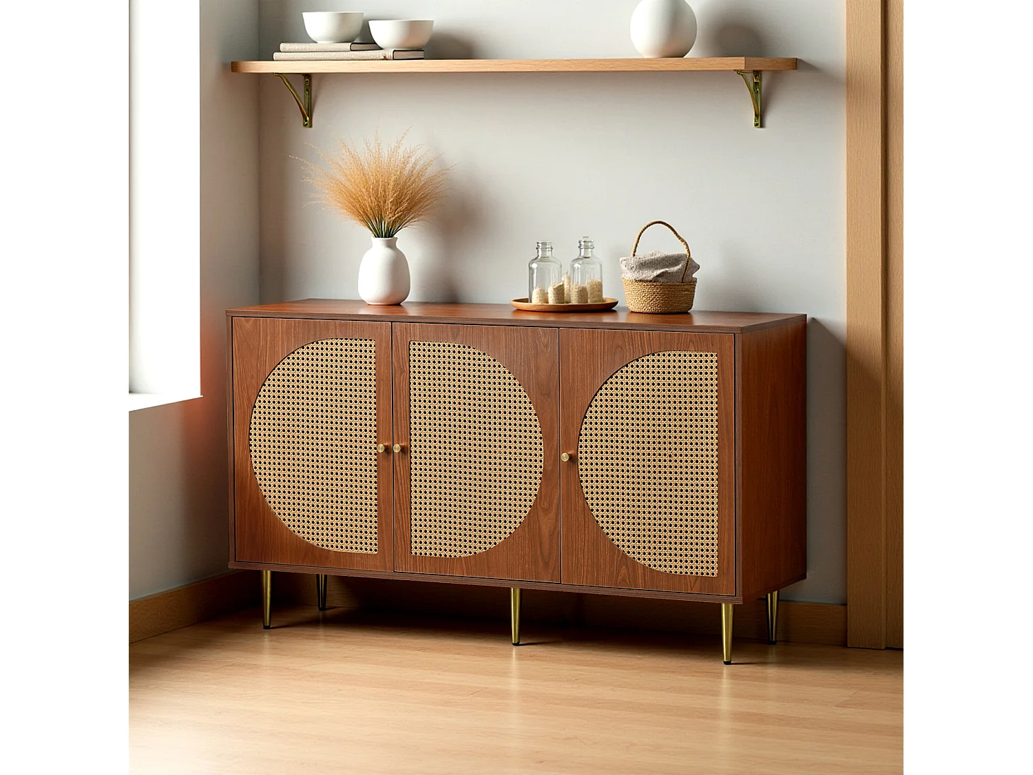 URBAN MEUBLE Buffet effet bois noyer avec 3 portes en rotin poignées pieds dorés 129,8x40x76cm