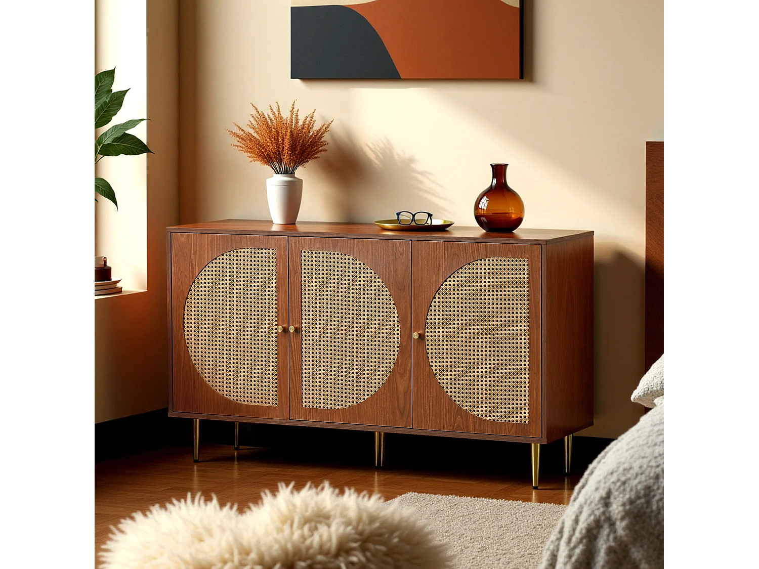 URBAN MEUBLE Buffet effet bois noyer avec 3 portes en rotin poignées pieds dorés 129,8x40x76cm